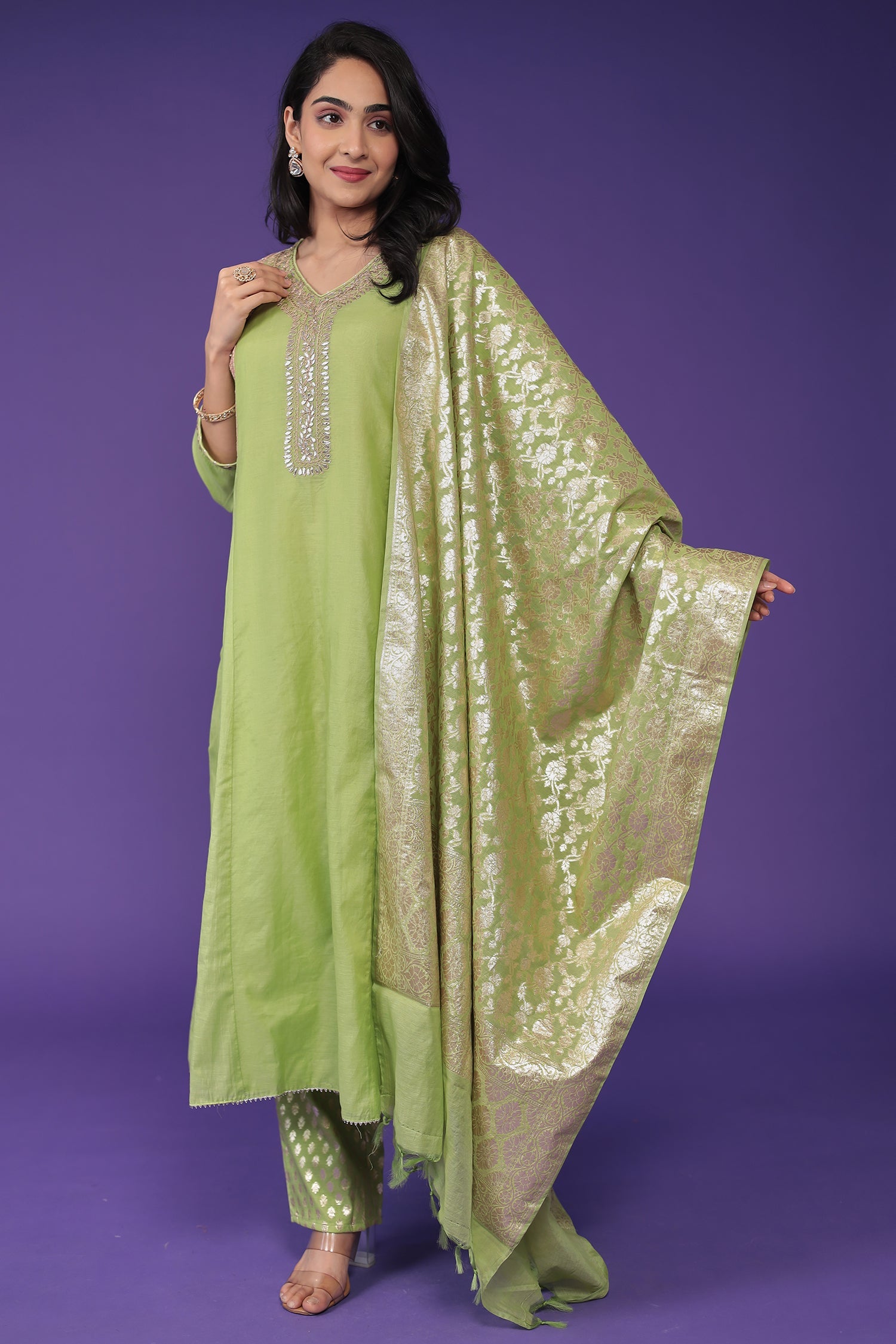 Handloom Chanderi Suit with Dori and Gota Patti work