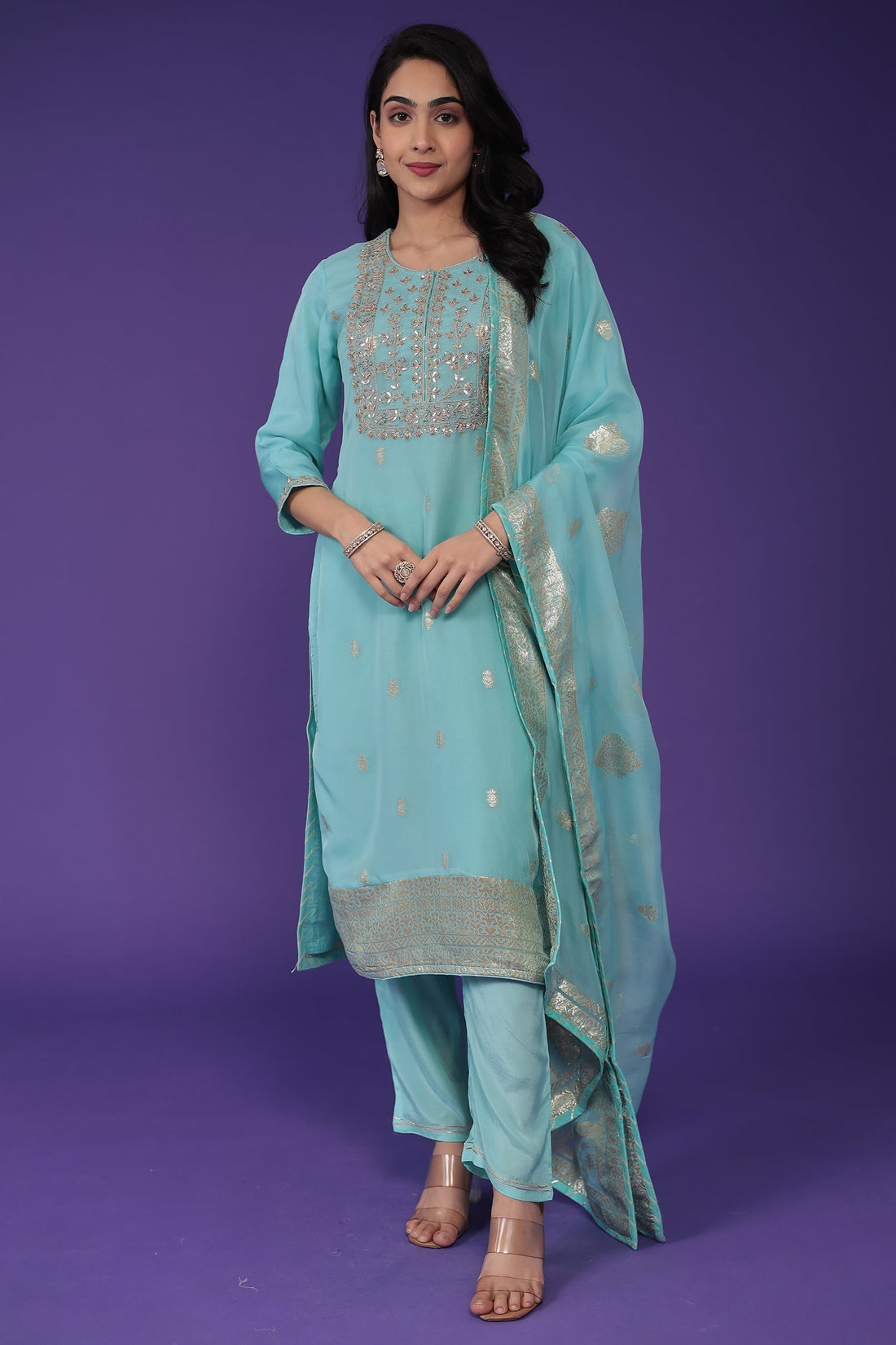 Handloom Organza Suit with Dori and Gota Patti work