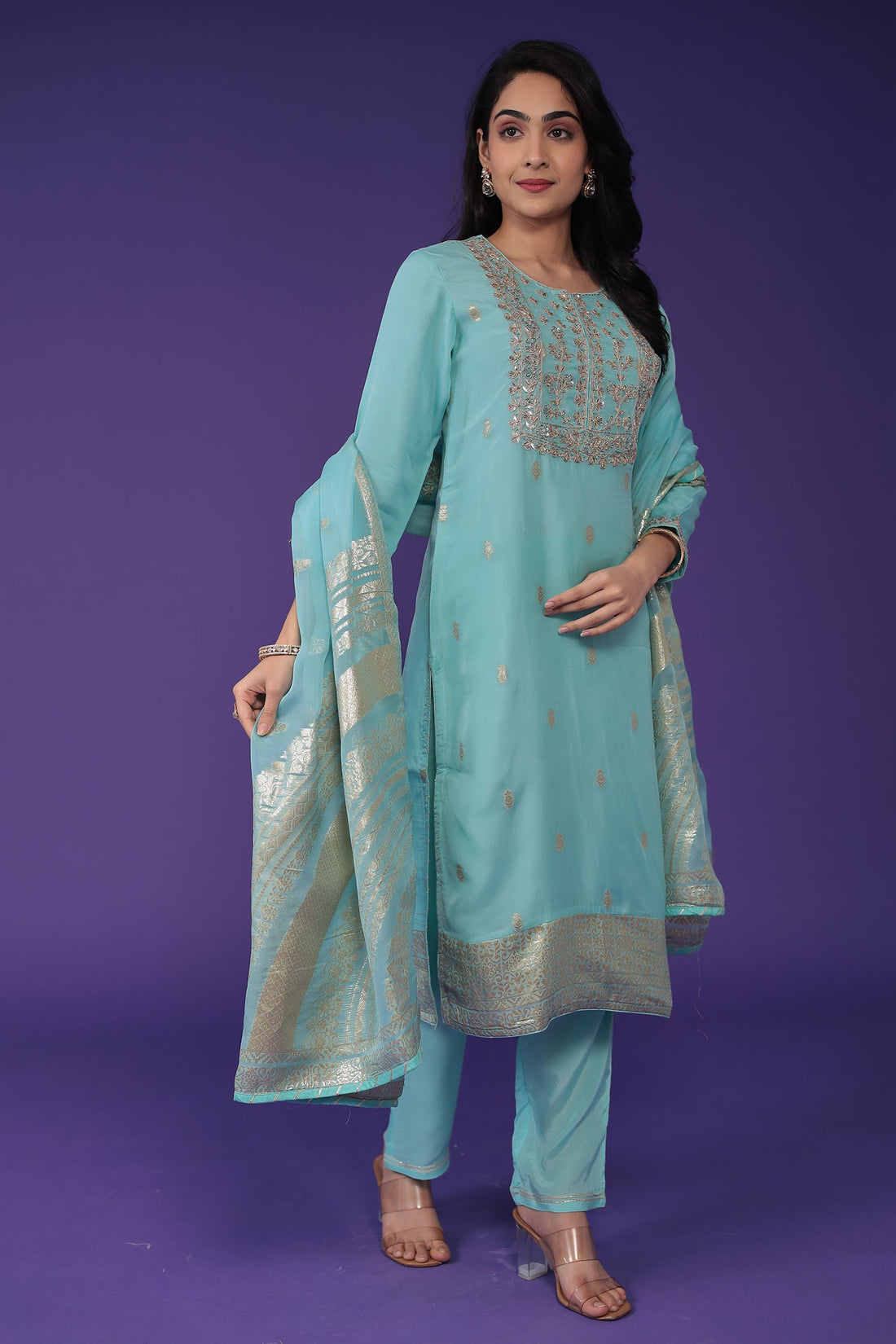 Handloom Organza Suit with Dori and Gota Patti work