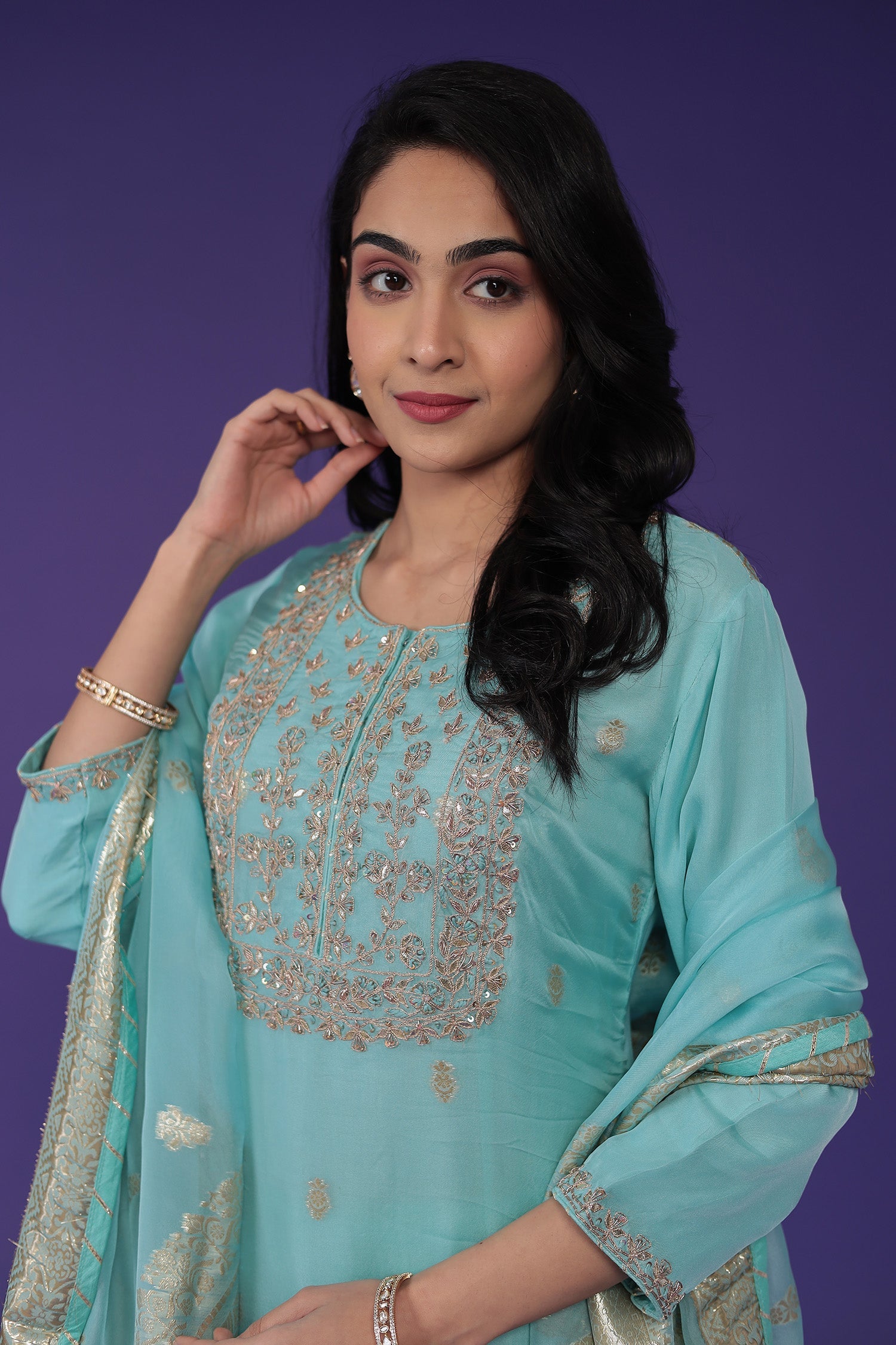 Handloom Organza Suit with Dori and Gota Patti work