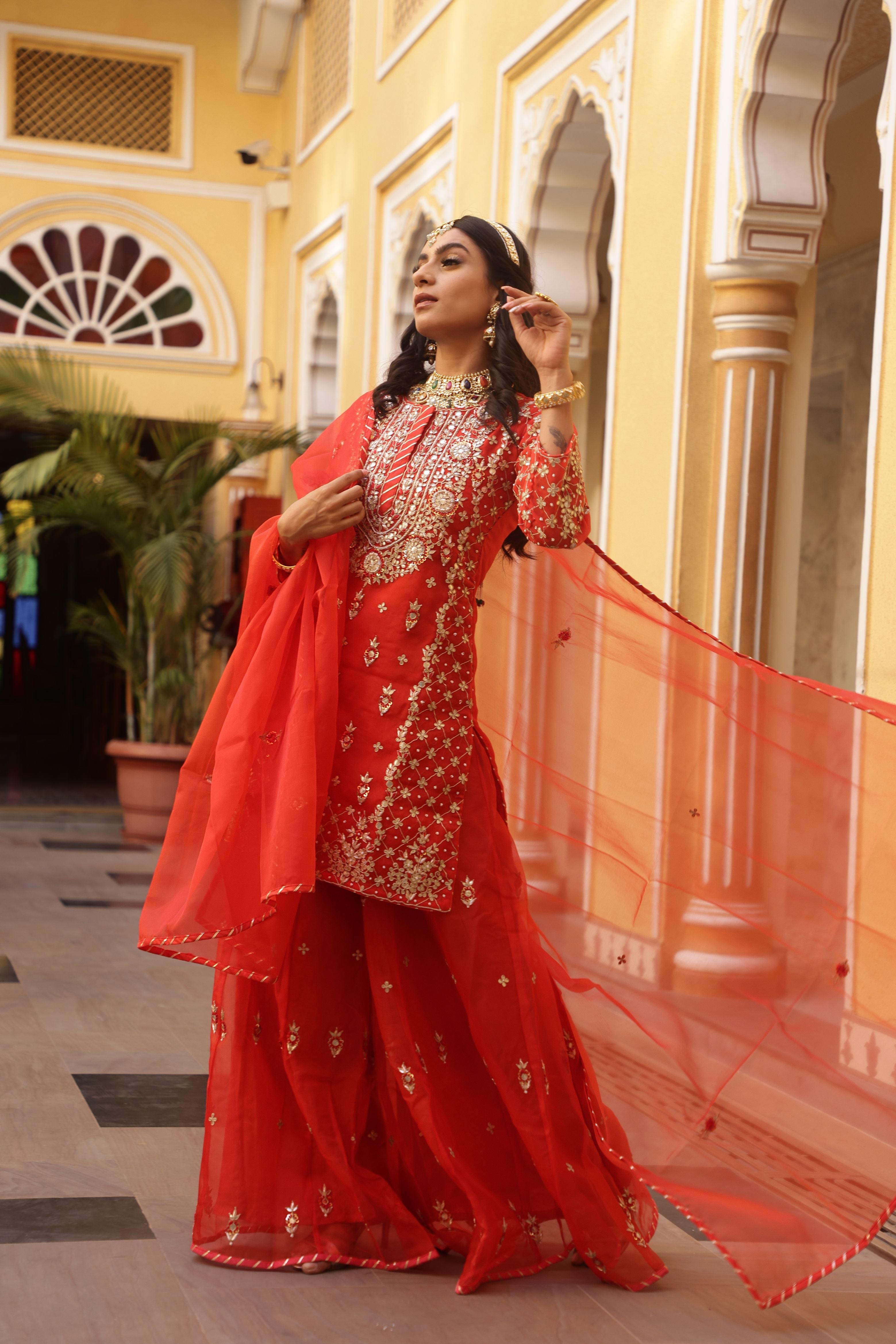 Organza Suit with Dori, Gota, Gota Patti, Sequins, Thread, Zardozi work.