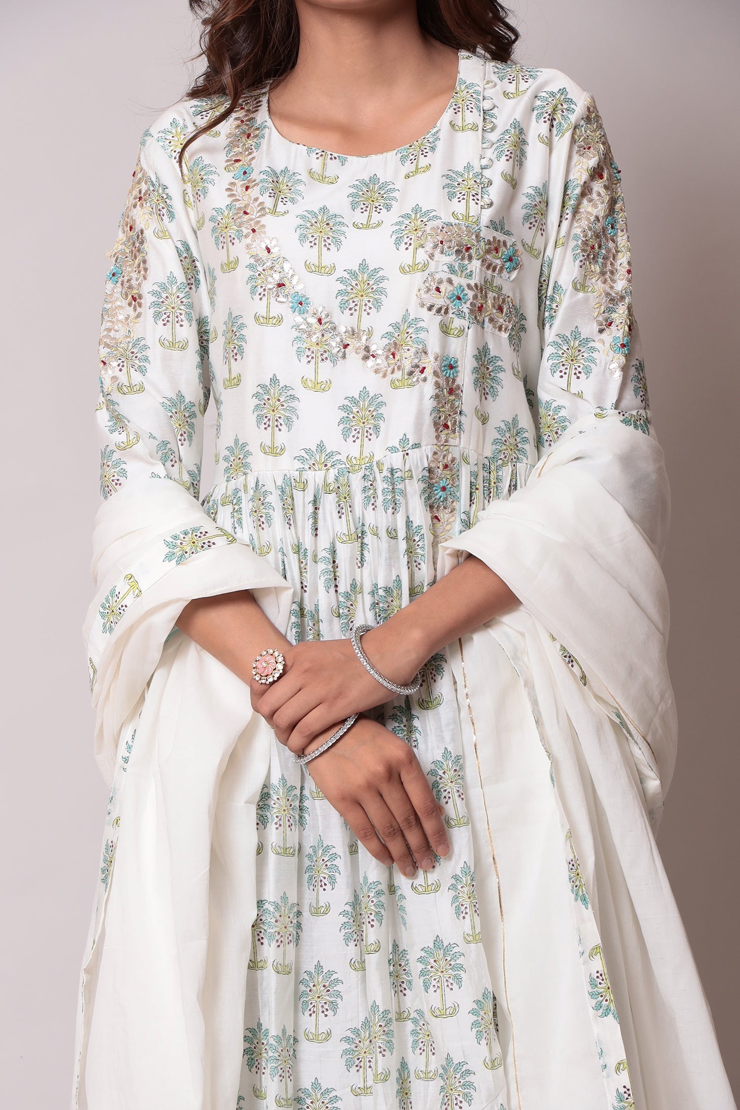 Printed A-Line Cotton silk Kurta with Sequins and Thread work.