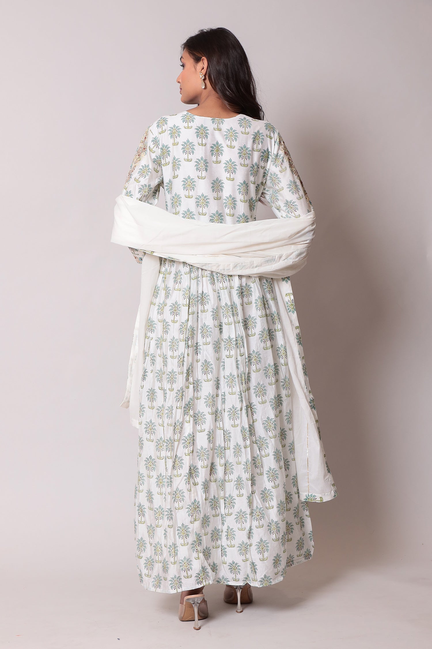 Printed A-Line Cotton silk Kurta with Sequins and Thread work.