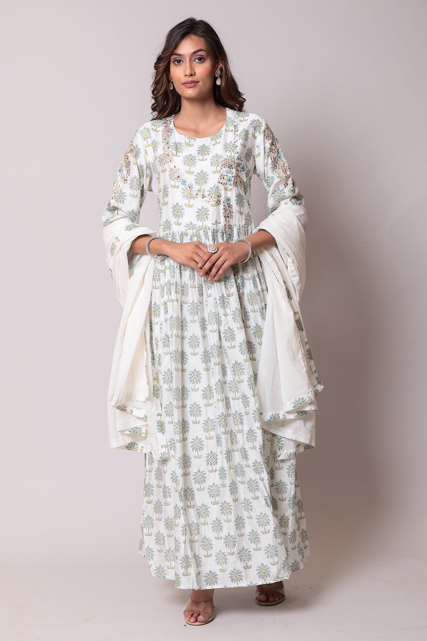 Printed A-Line Cotton silk Kurta with Sequins and Thread work.