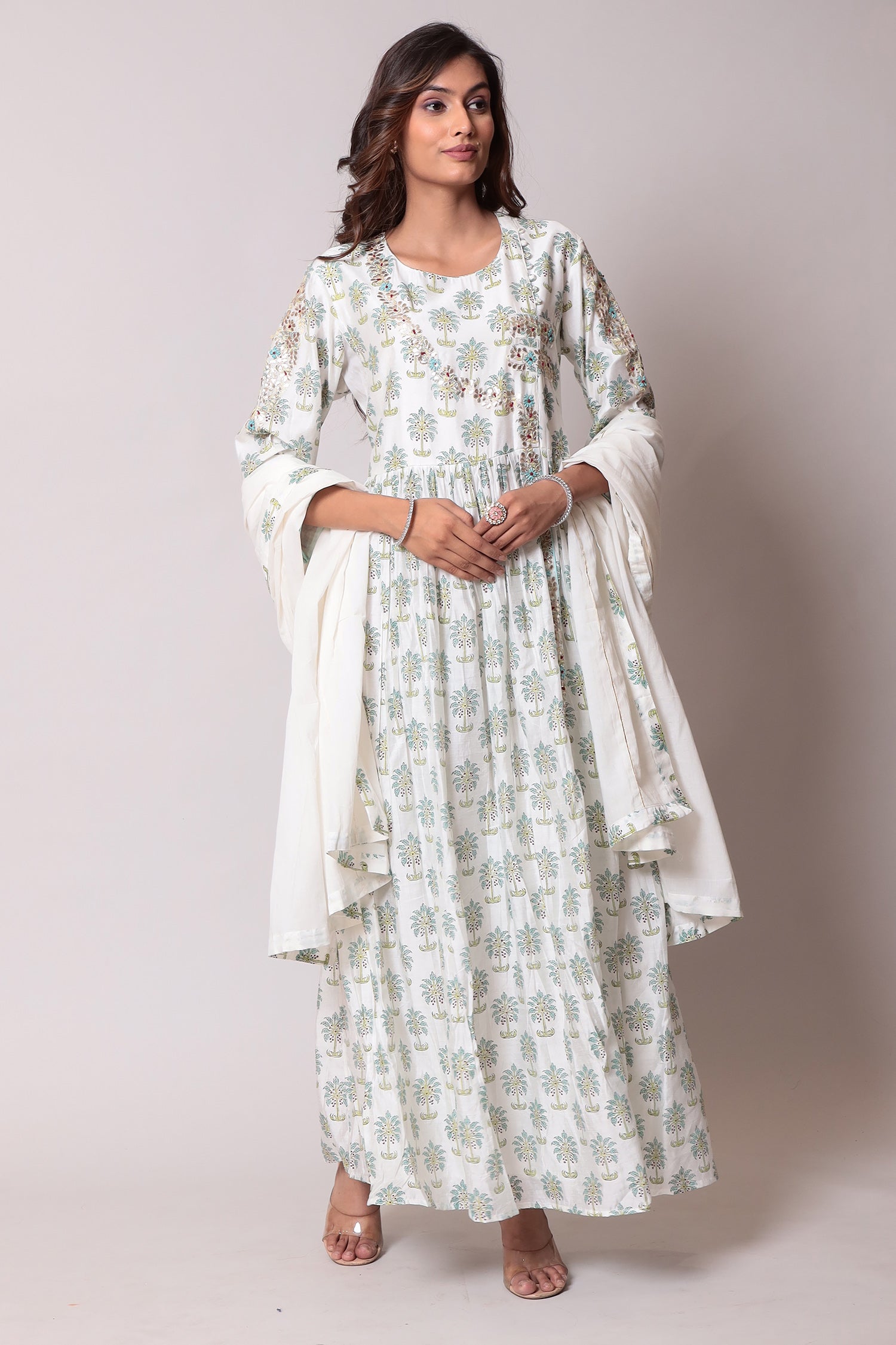 Printed A-Line Cotton silk Kurta with Sequins and Thread work.