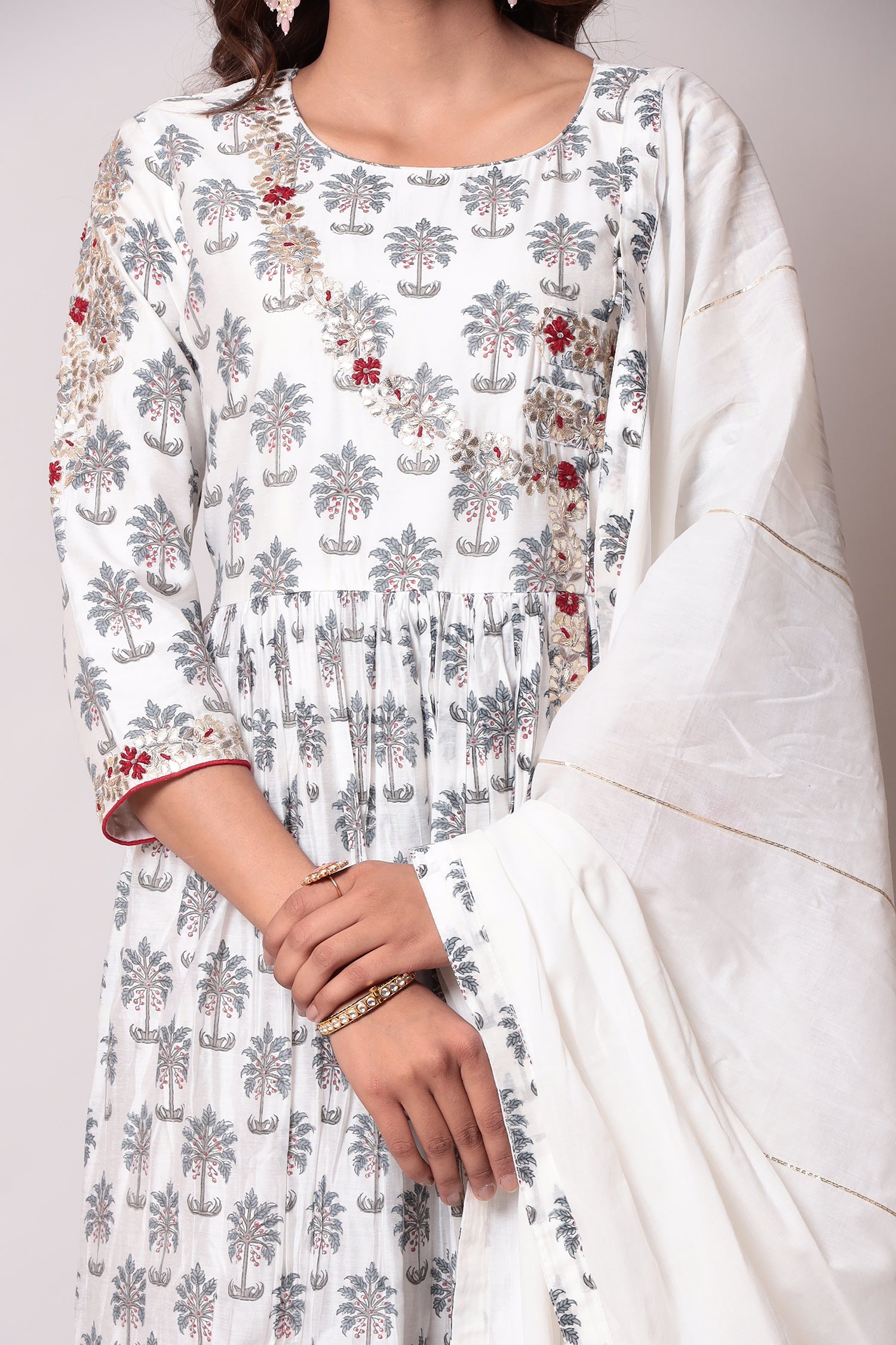 Printed A-Line Cotton silk Kurta with Sequins and Thread work.