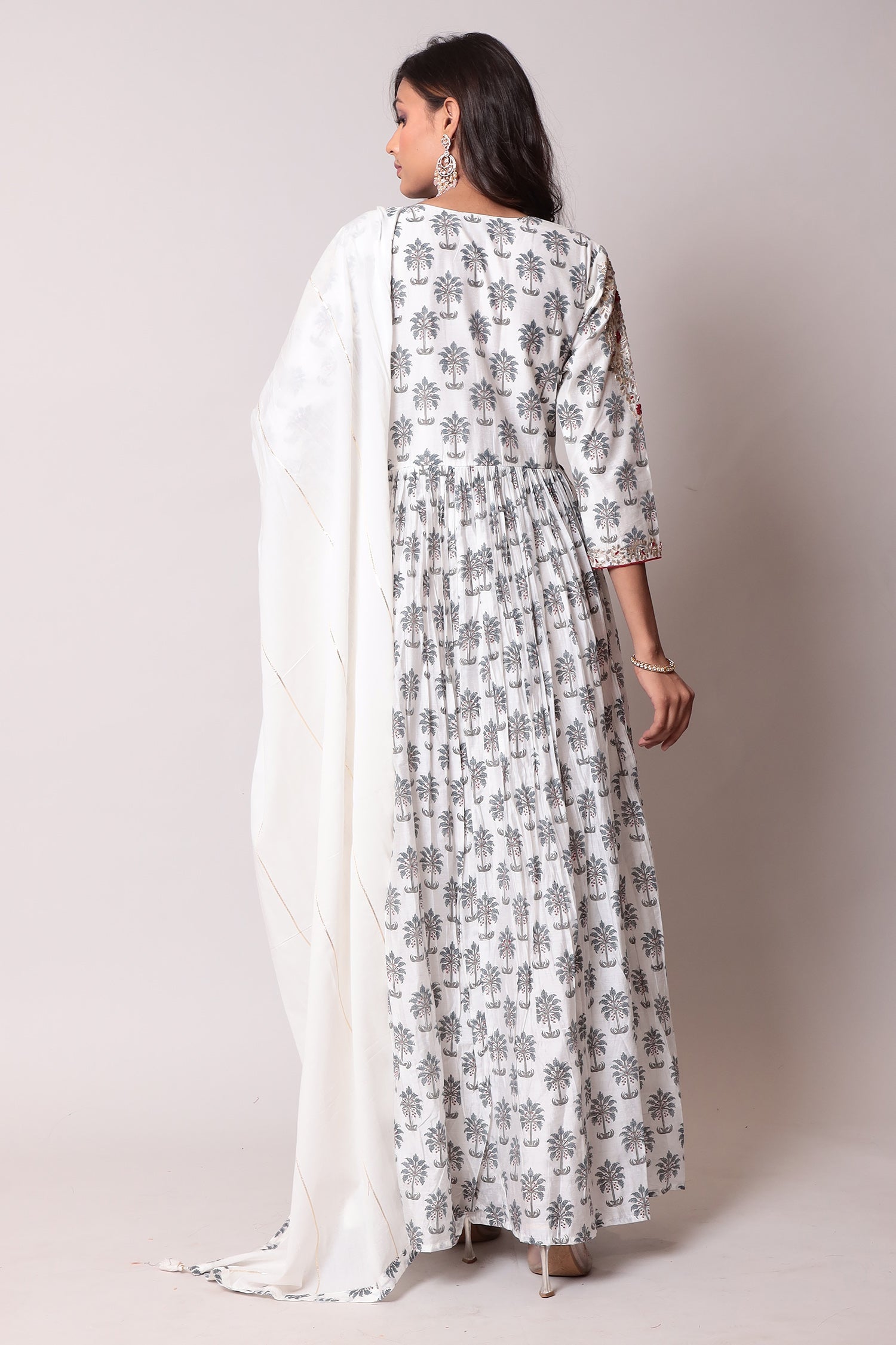 Printed A-Line Cotton silk Kurta with Sequins and Thread work.
