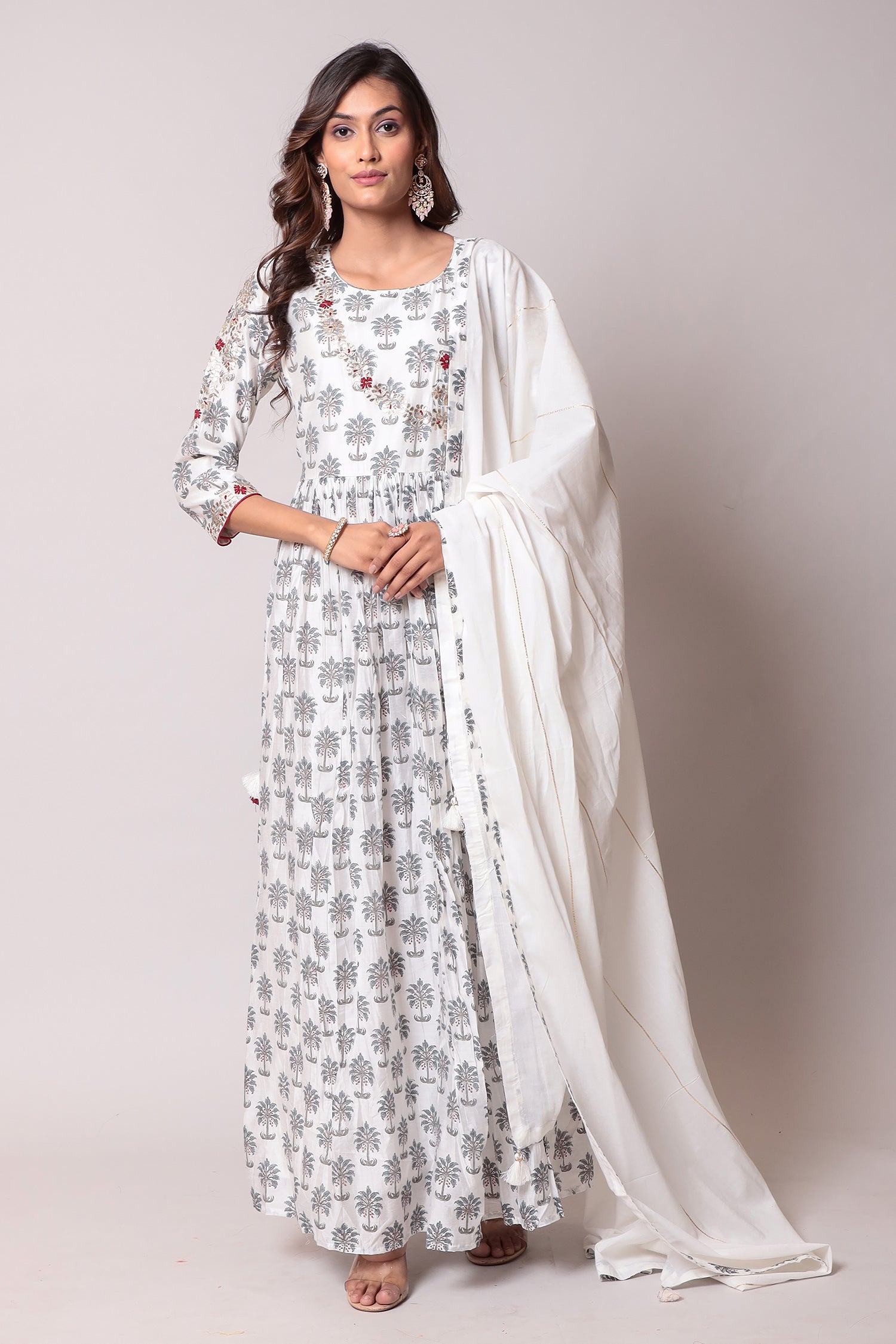 Printed A-Line Cotton silk Kurta with Sequins and Thread work.