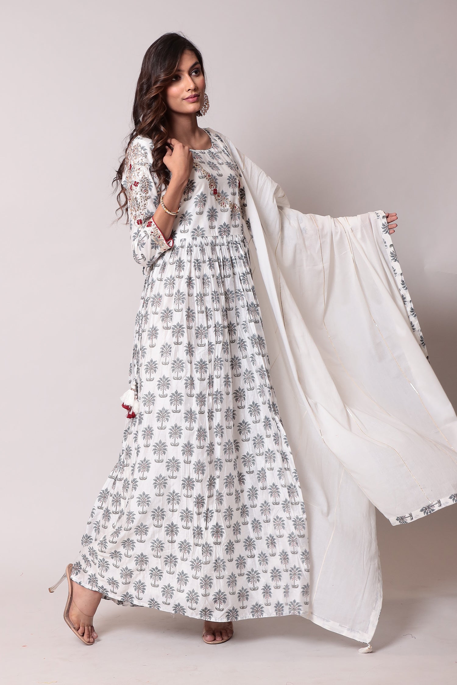 Printed A-Line Cotton silk Kurta with Sequins and Thread work.