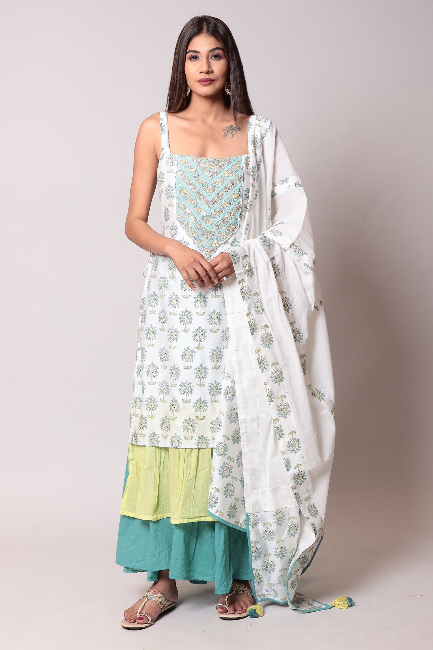 Exquisite Threadwork Embellished Cotton Silk Tiered Suit