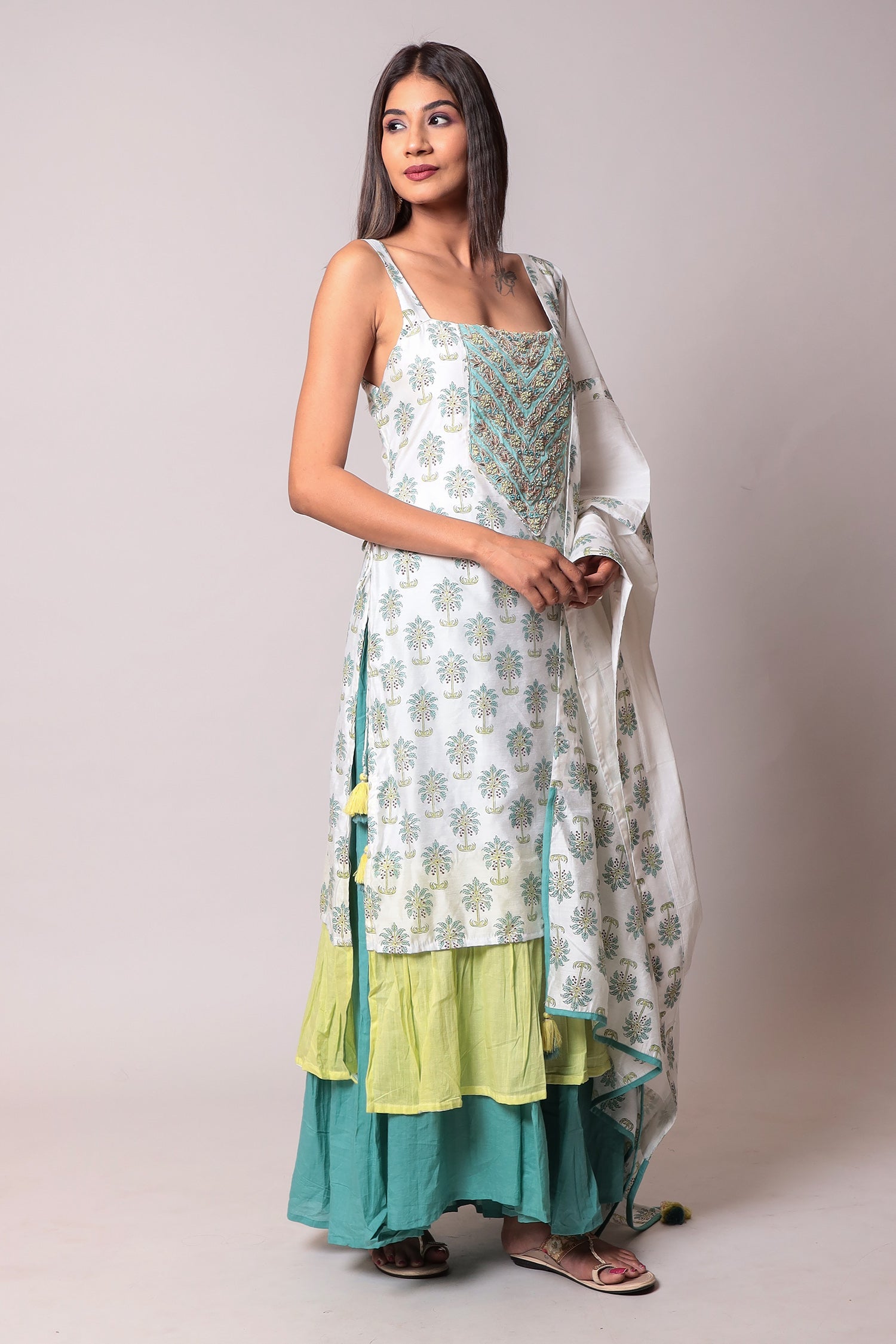 Exquisite Threadwork Embellished Cotton Silk Tiered Suit