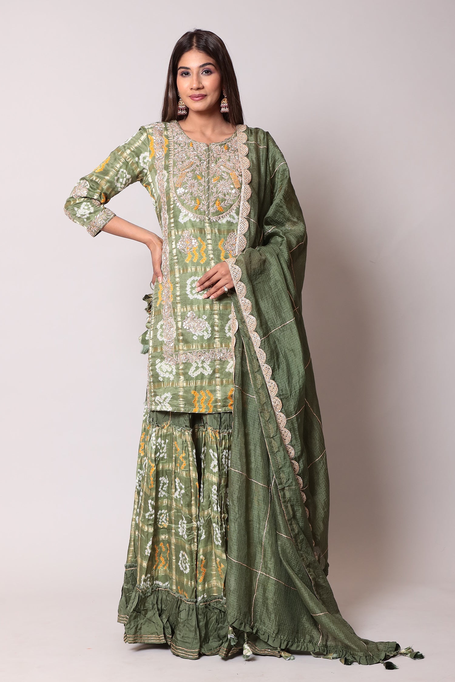 Ghatchola Silk Straight Suit with Bandhej Skirt