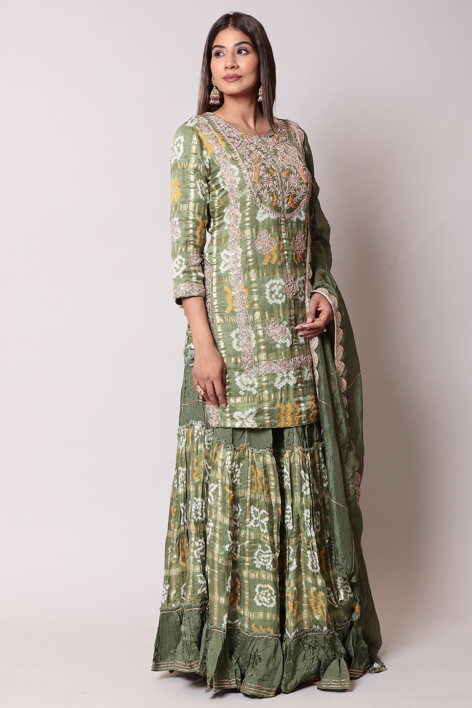 Ghatchola Silk Straight Suit with Bandhej Skirt