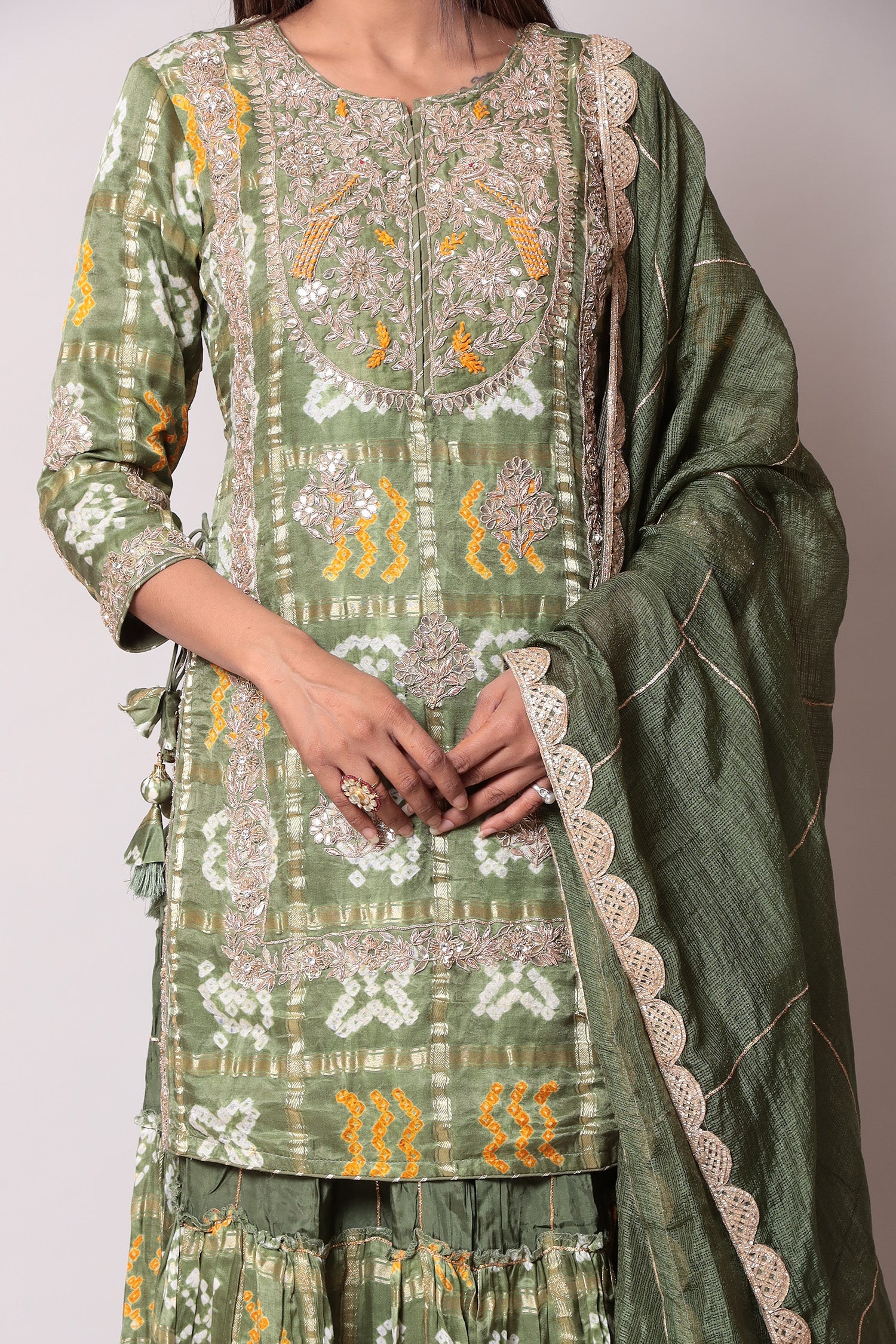 Ghatchola Silk Straight Suit with Bandhej Skirt