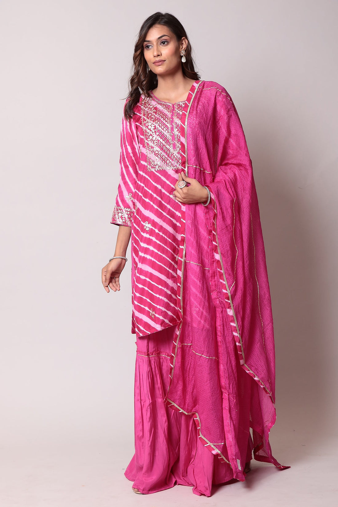 Straight Leheriya Silk Suit with Pittan Work