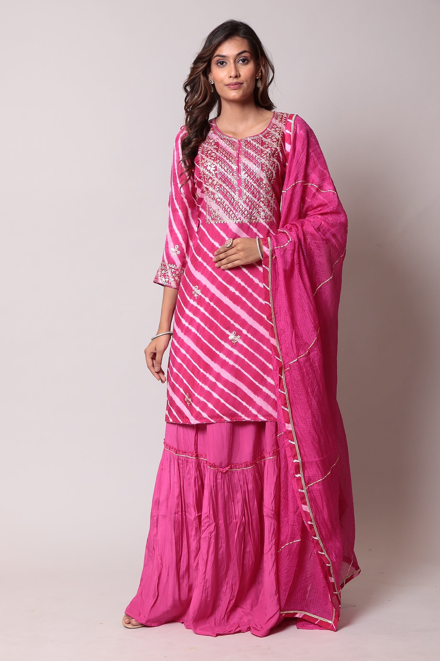 Leheriya Chanderi Straight Suit with Pittan work.