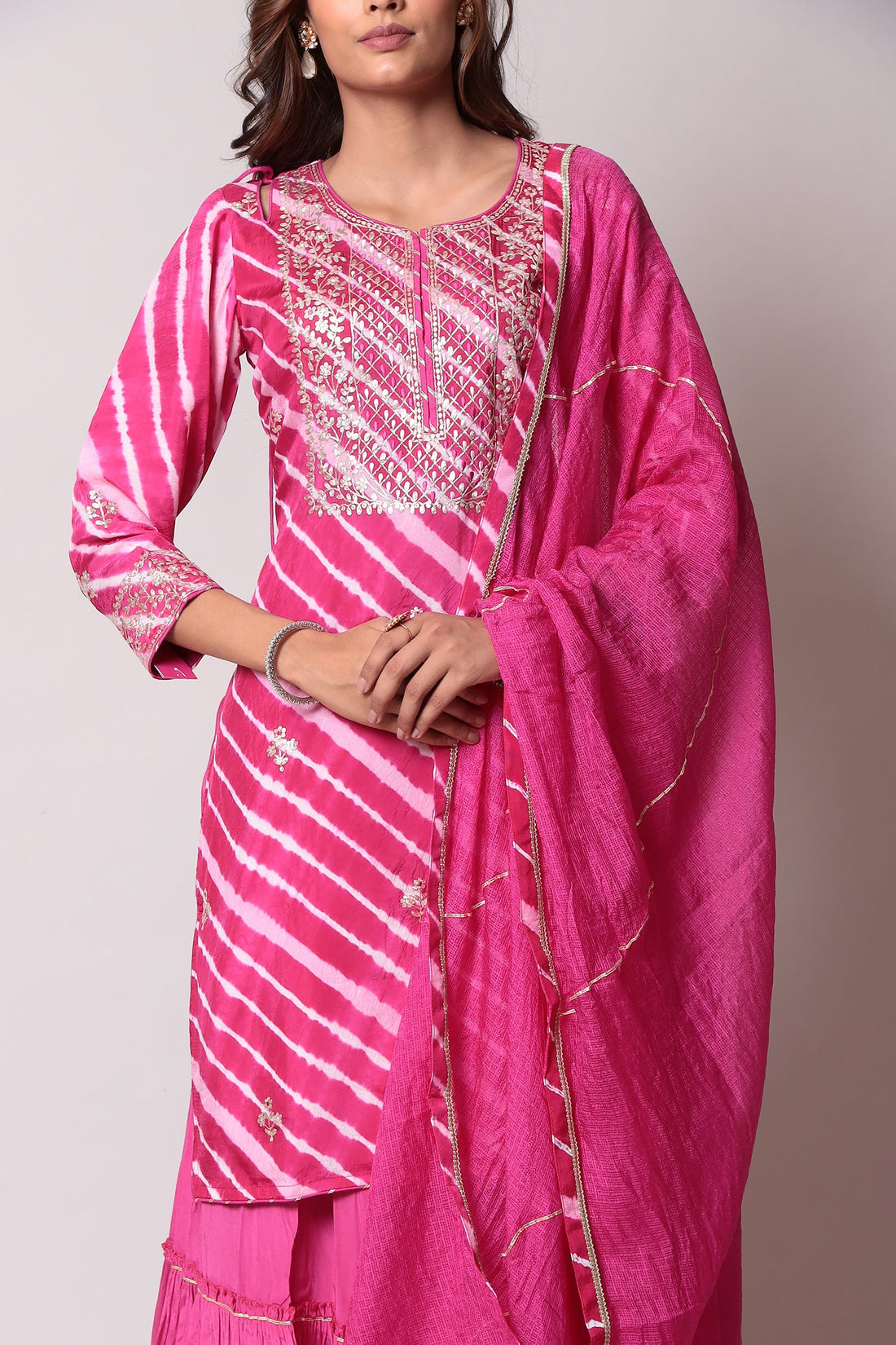 Straight Leheriya Silk Suit with Pittan Work