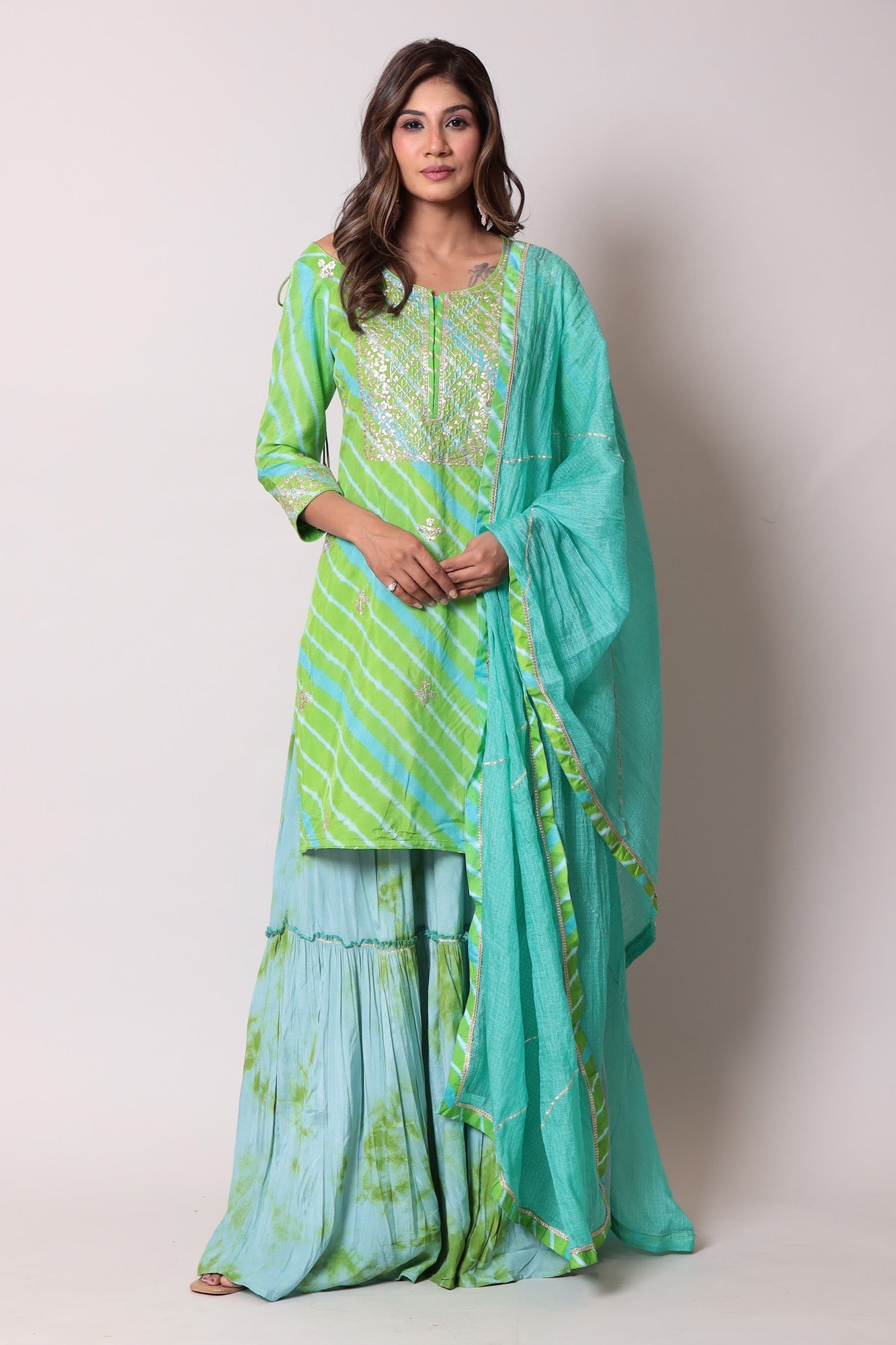 Straight Leheriya Silk Suit with Pittan Work