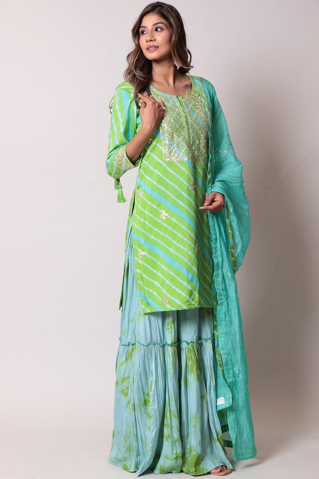 Straight Leheriya Silk Suit with Pittan Work