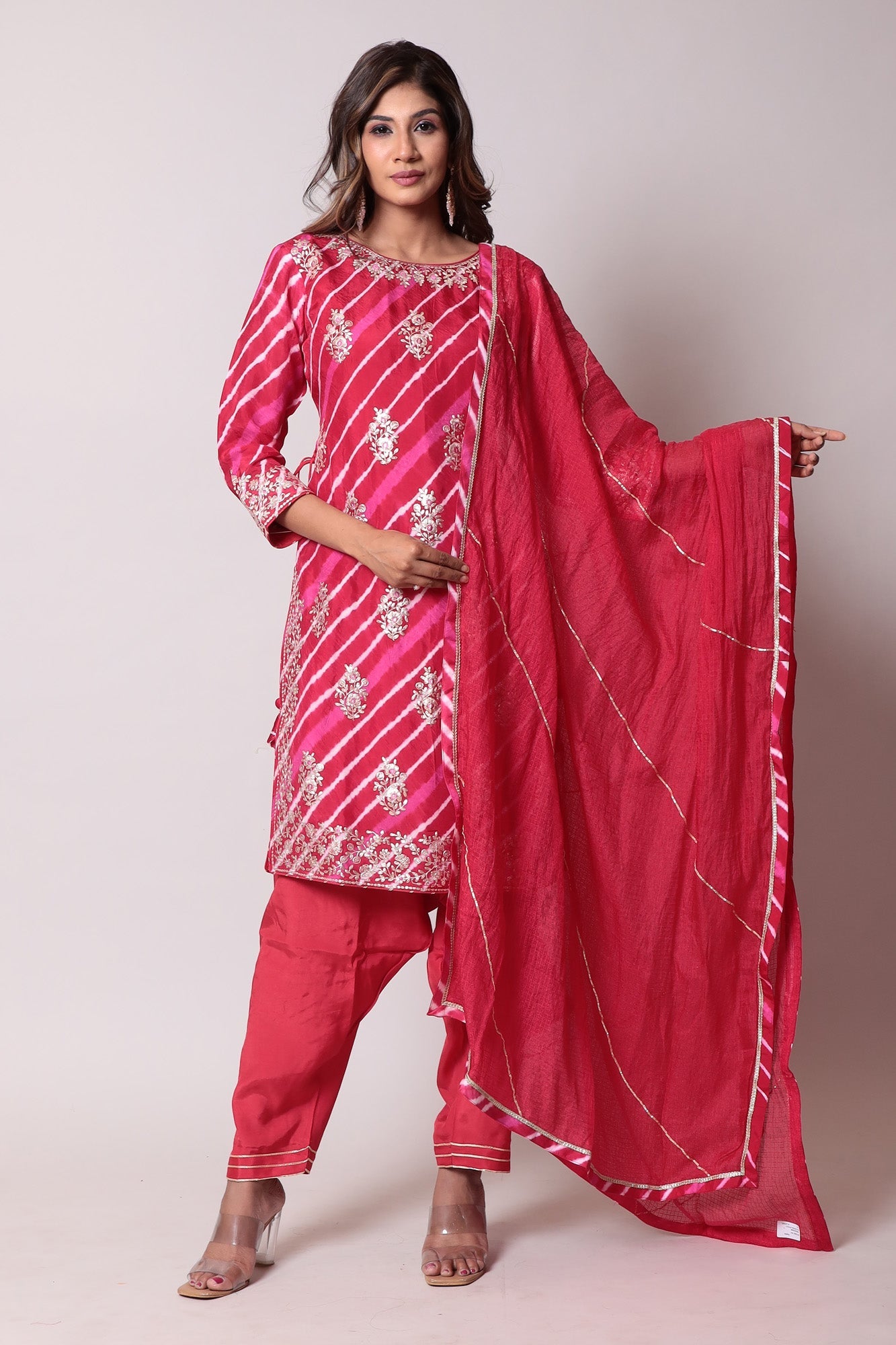 Leheriya Straight Silk Suit with Pittan work.