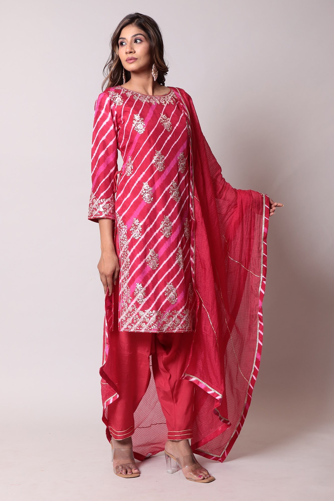 Leheriya Straight Silk Suit with Pittan work.