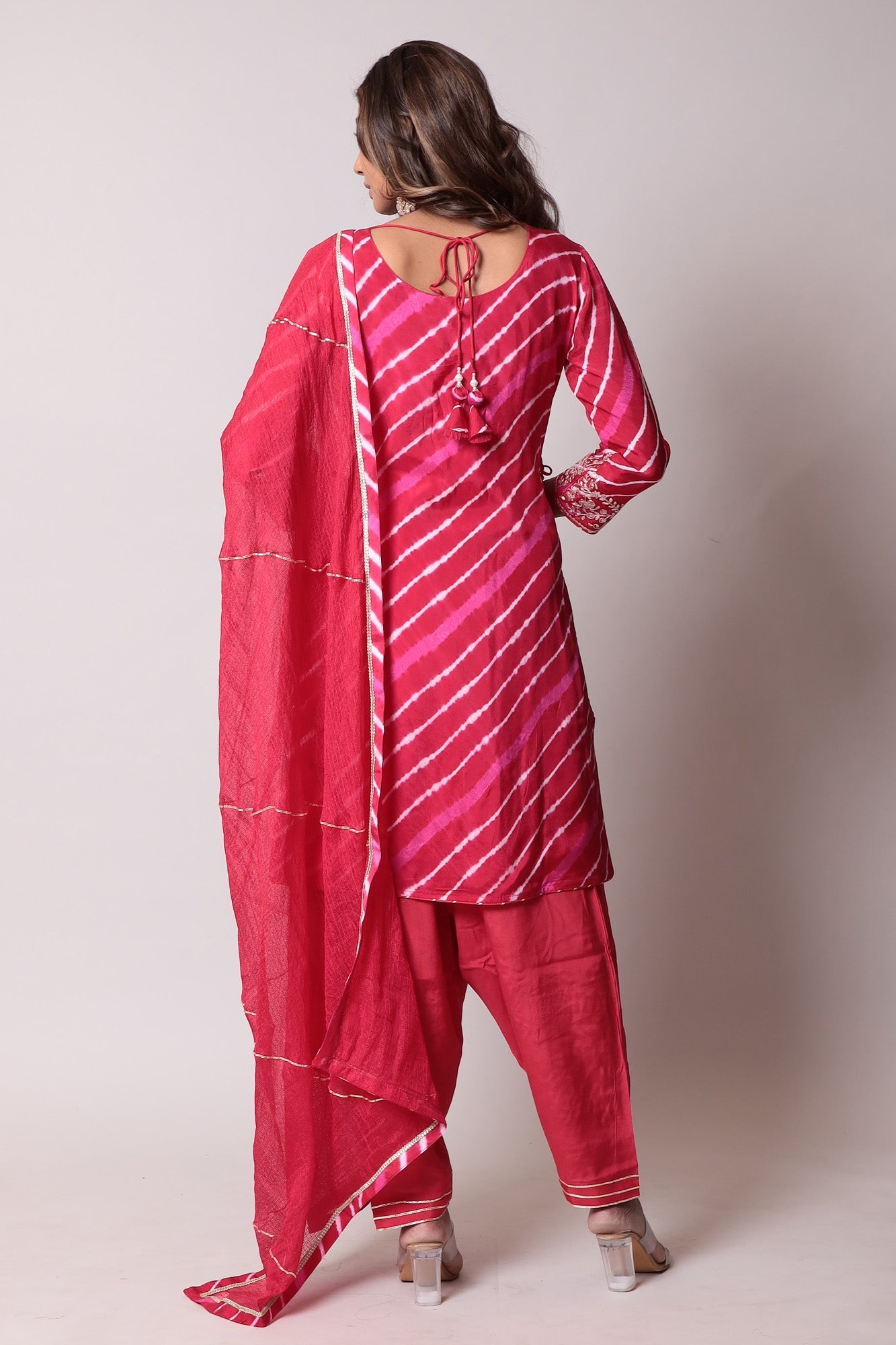 Leheriya Straight Silk Suit with Pittan work.