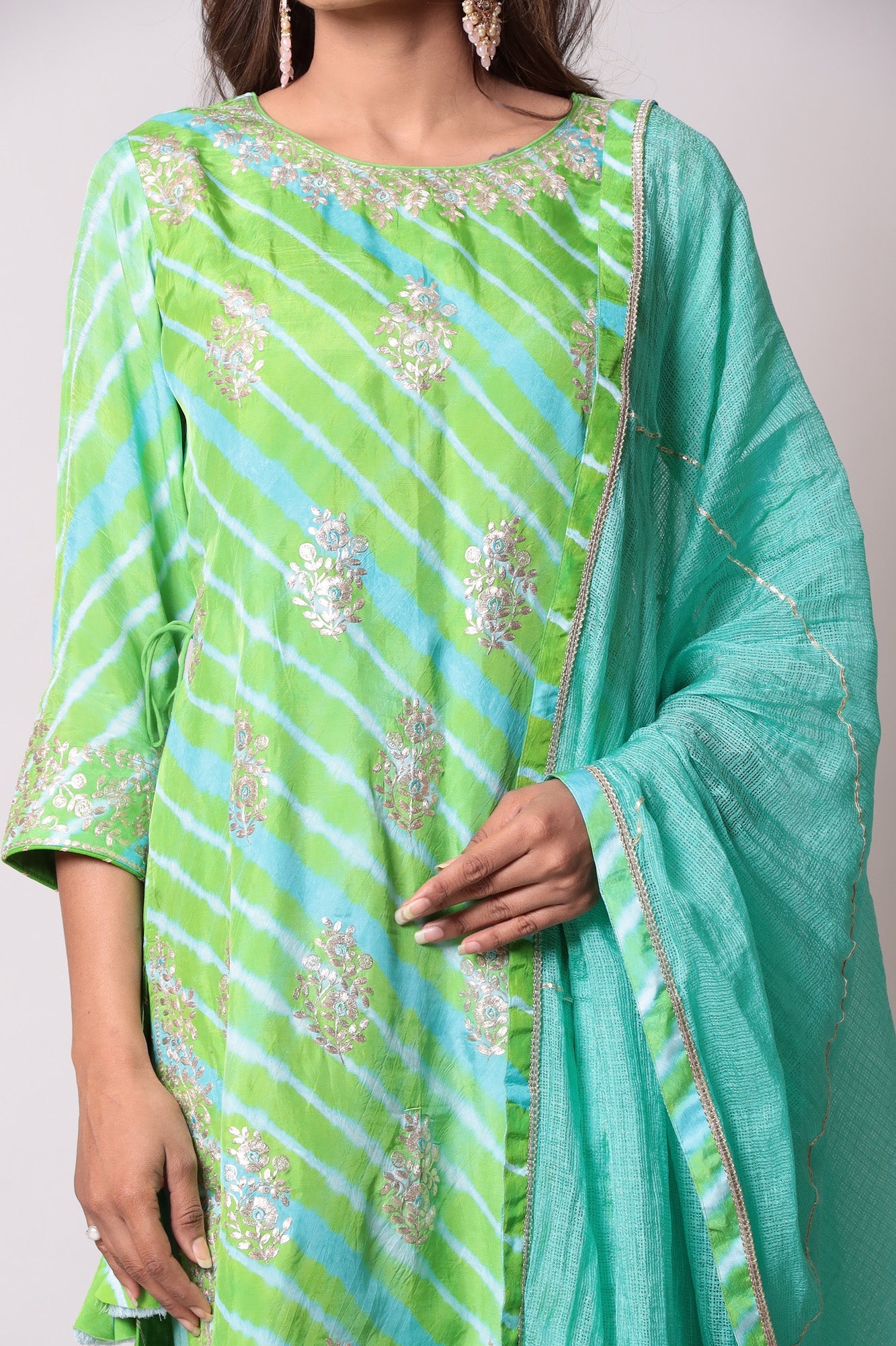 Leheriya Straight Silk Suit with Pittan work.