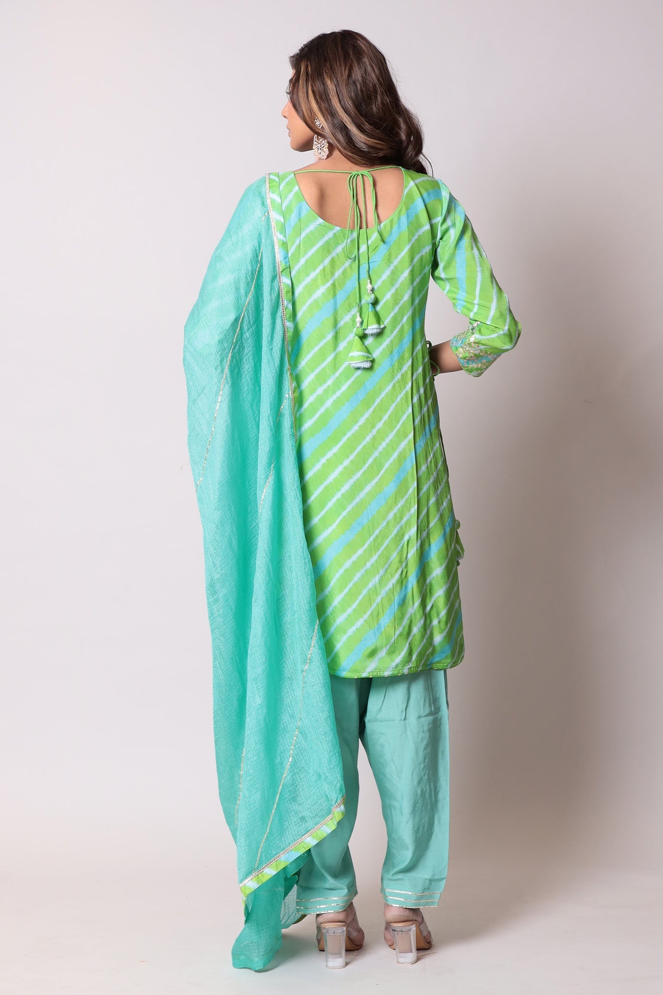 Leheriya Straight Silk Suit with Pittan work.