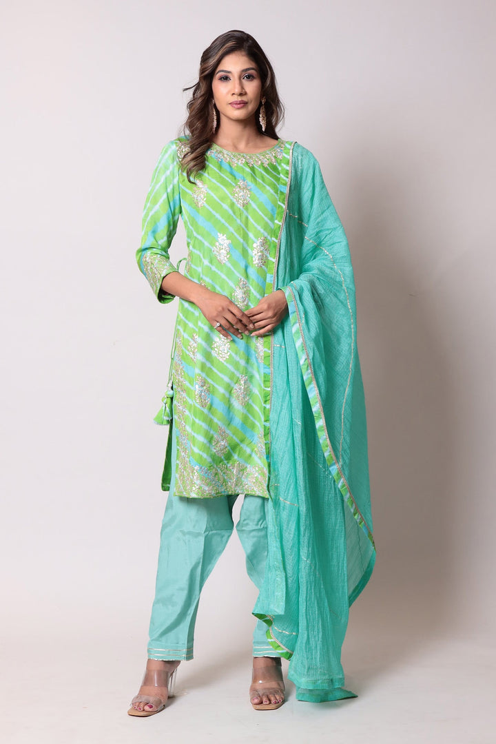 Leheriya Straight Silk Suit with Pittan work.