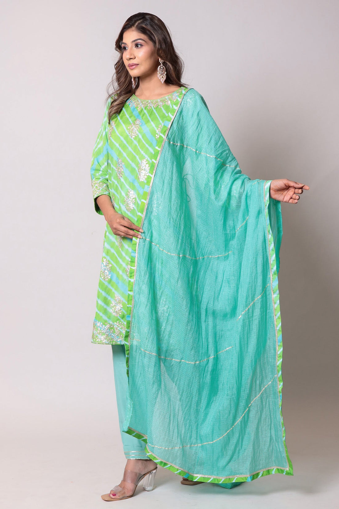 Leheriya Straight Silk Suit with Pittan work.