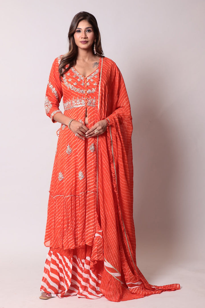 Leheriya Georgette Straight Cut Suit with Gota Patti and Mothra work.