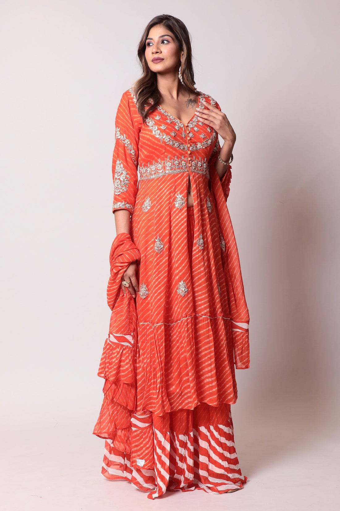 Leheriya Georgette Straight Cut Suit with Gota Patti and Mothra work.