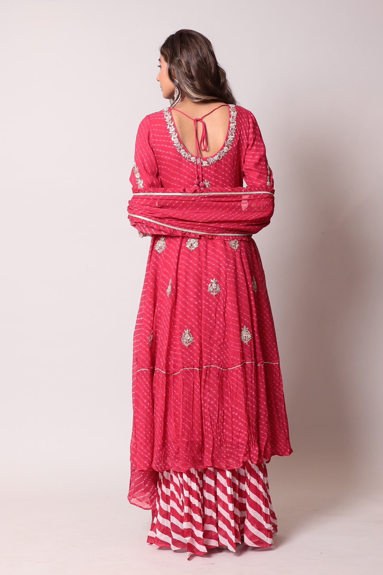 Leheriya Georgette Straight Cut Suit with Gota Patti and Mothra work.