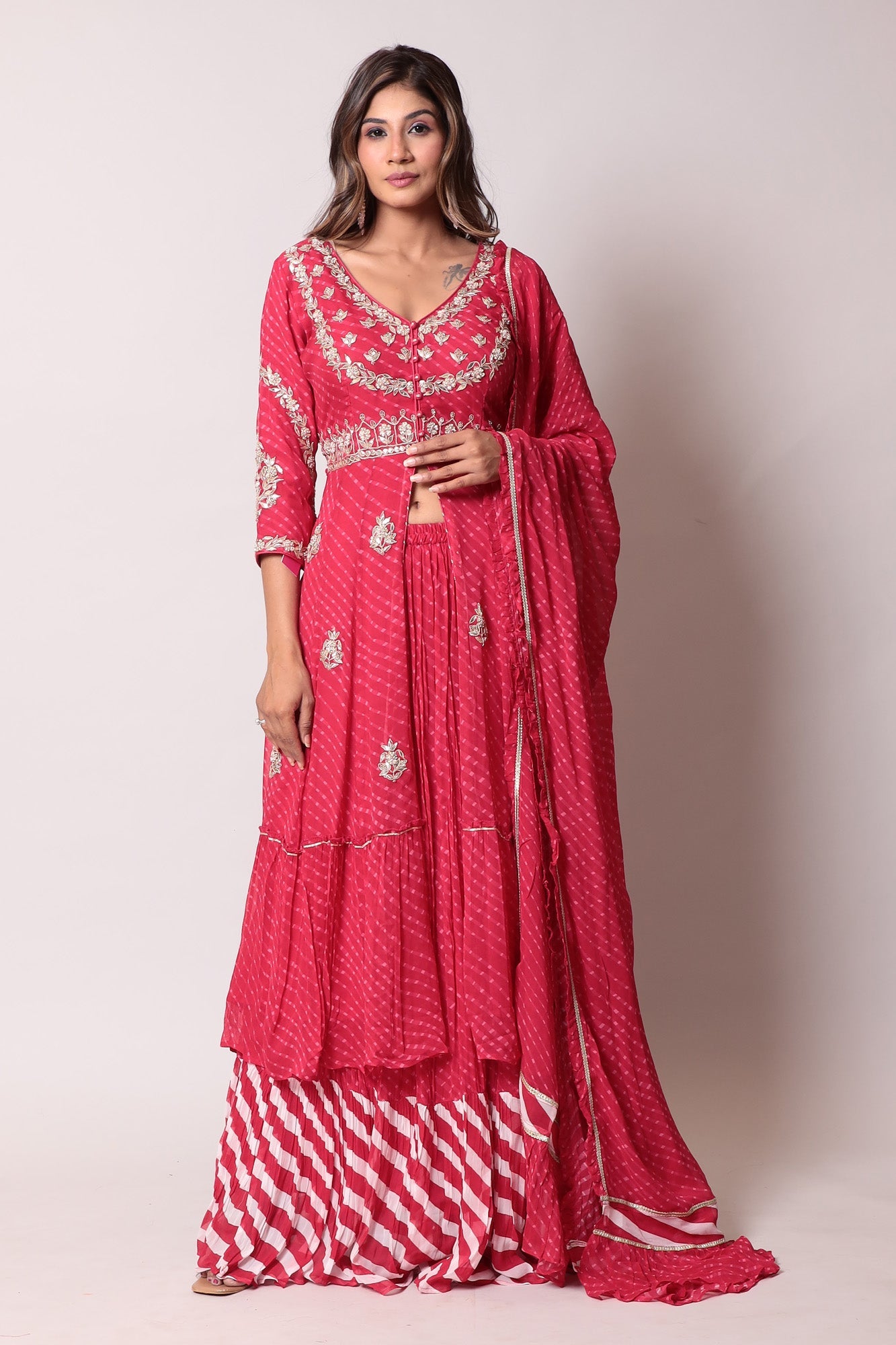 Leheriya Georgette Straight Cut Suit with Gota Patti and Mothra work.