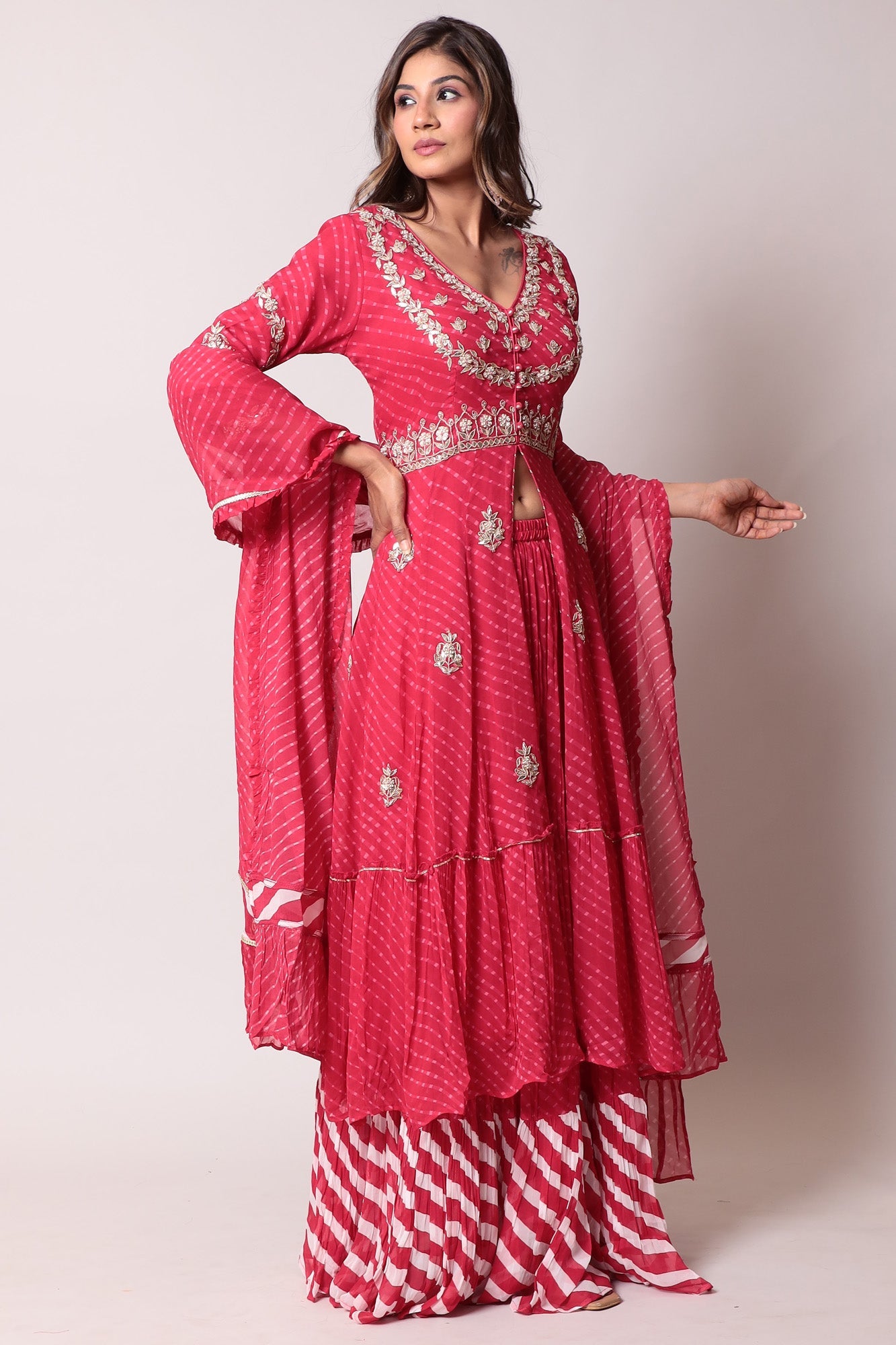 Leheriya Georgette Straight Cut Suit with Gota Patti and Mothra work.