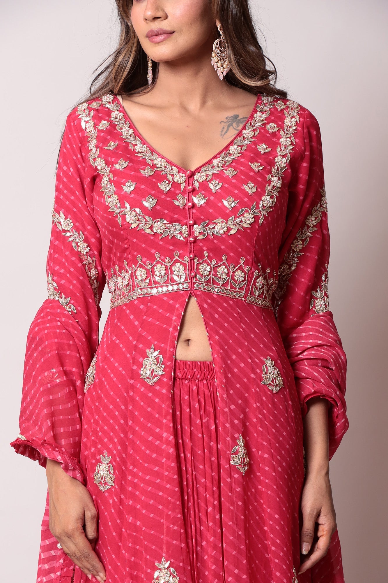 Leheriya Georgette Straight Cut Suit with Gota Patti and Mothra work.