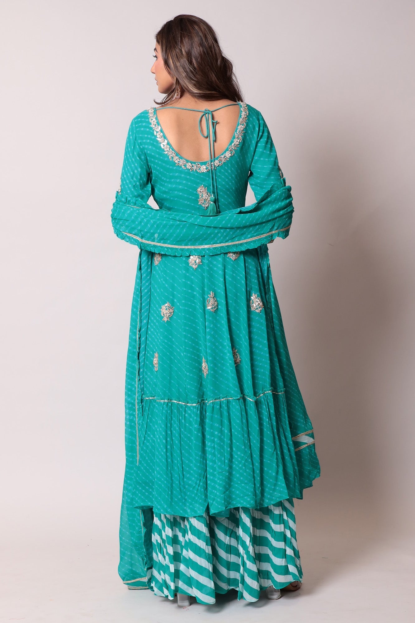 Leheriya Georgette Straight Cut Suit with Gota Patti and Mothra work.