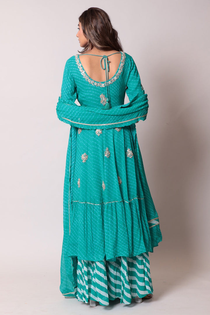 Leheriya Georgette Straight Cut Suit with Gota Patti and Mothra work.
