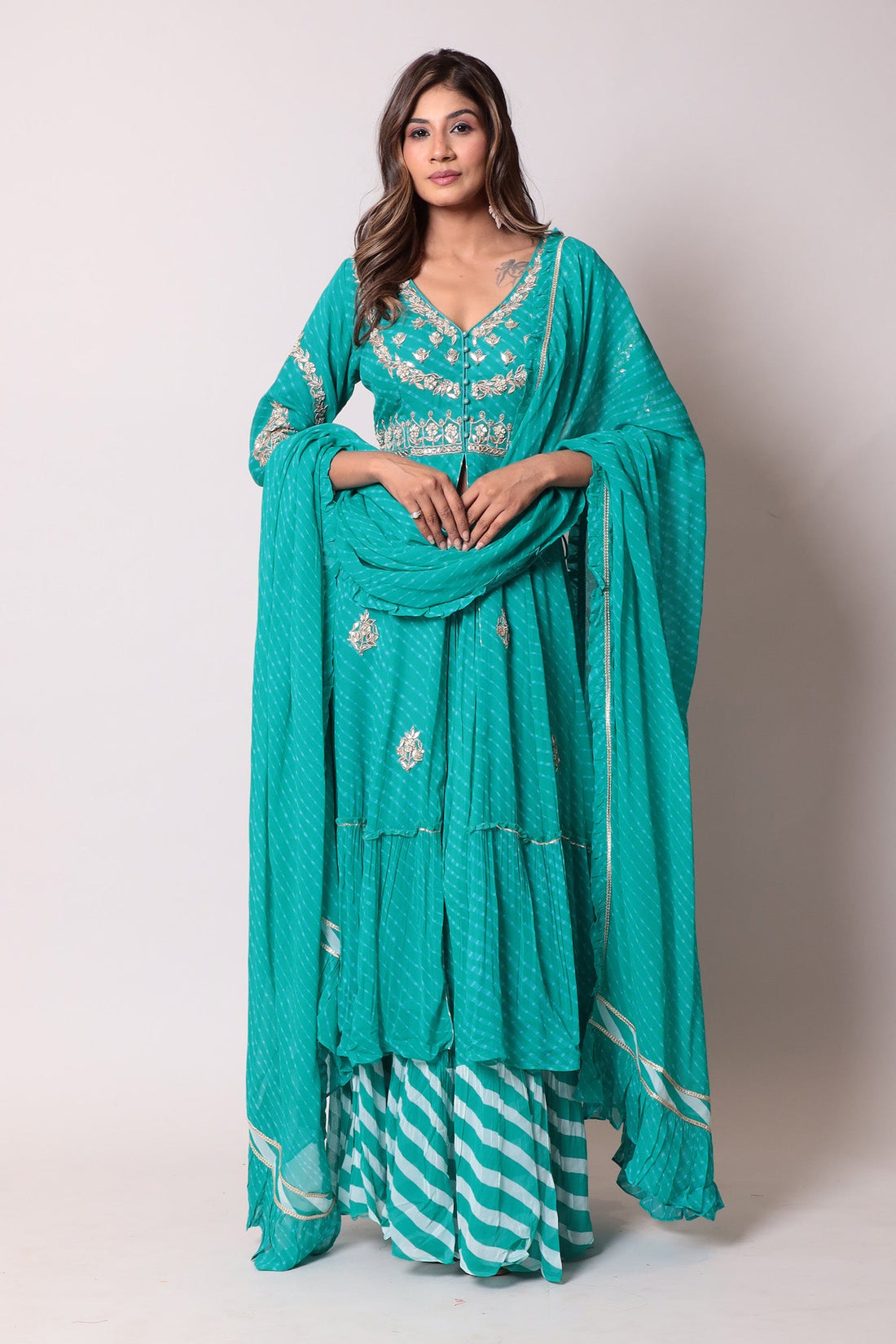 Leheriya Georgette Straight Cut Suit with Gota Patti and Mothra work.