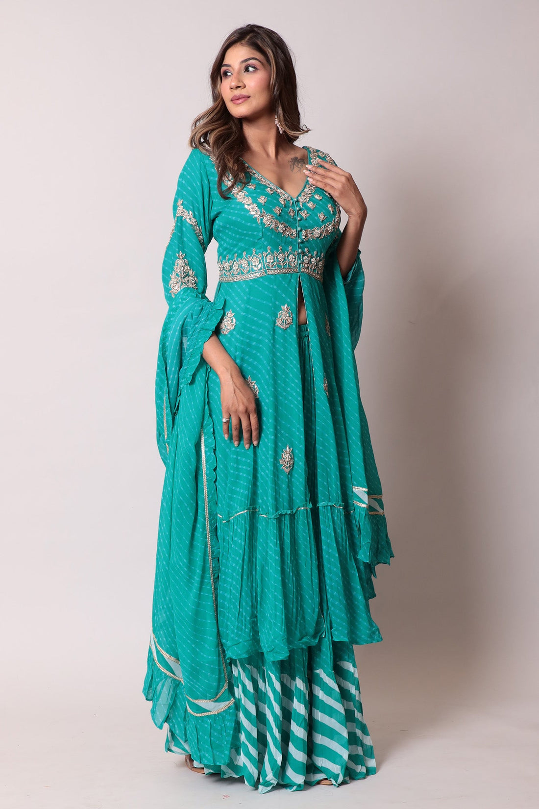 Leheriya Georgette Straight Cut Suit with Gota Patti and Mothra work.