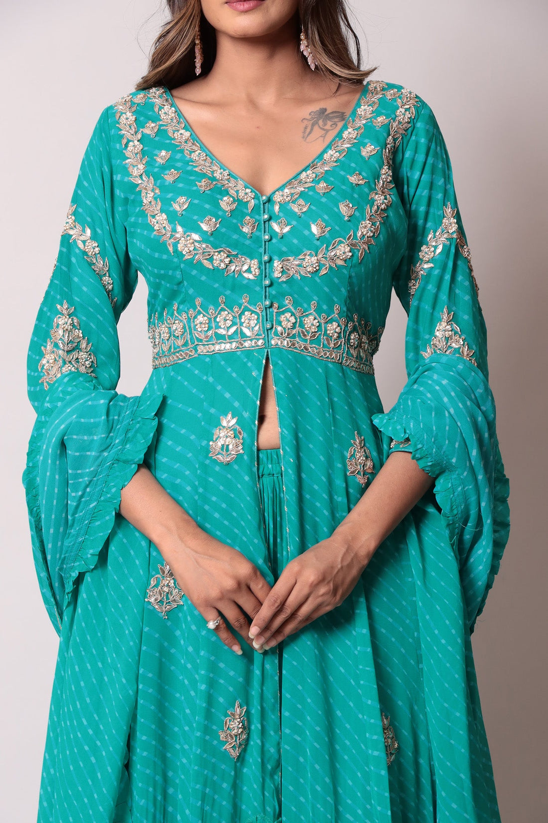 Leheriya Georgette Straight Cut Suit with Gota Patti and Mothra work.