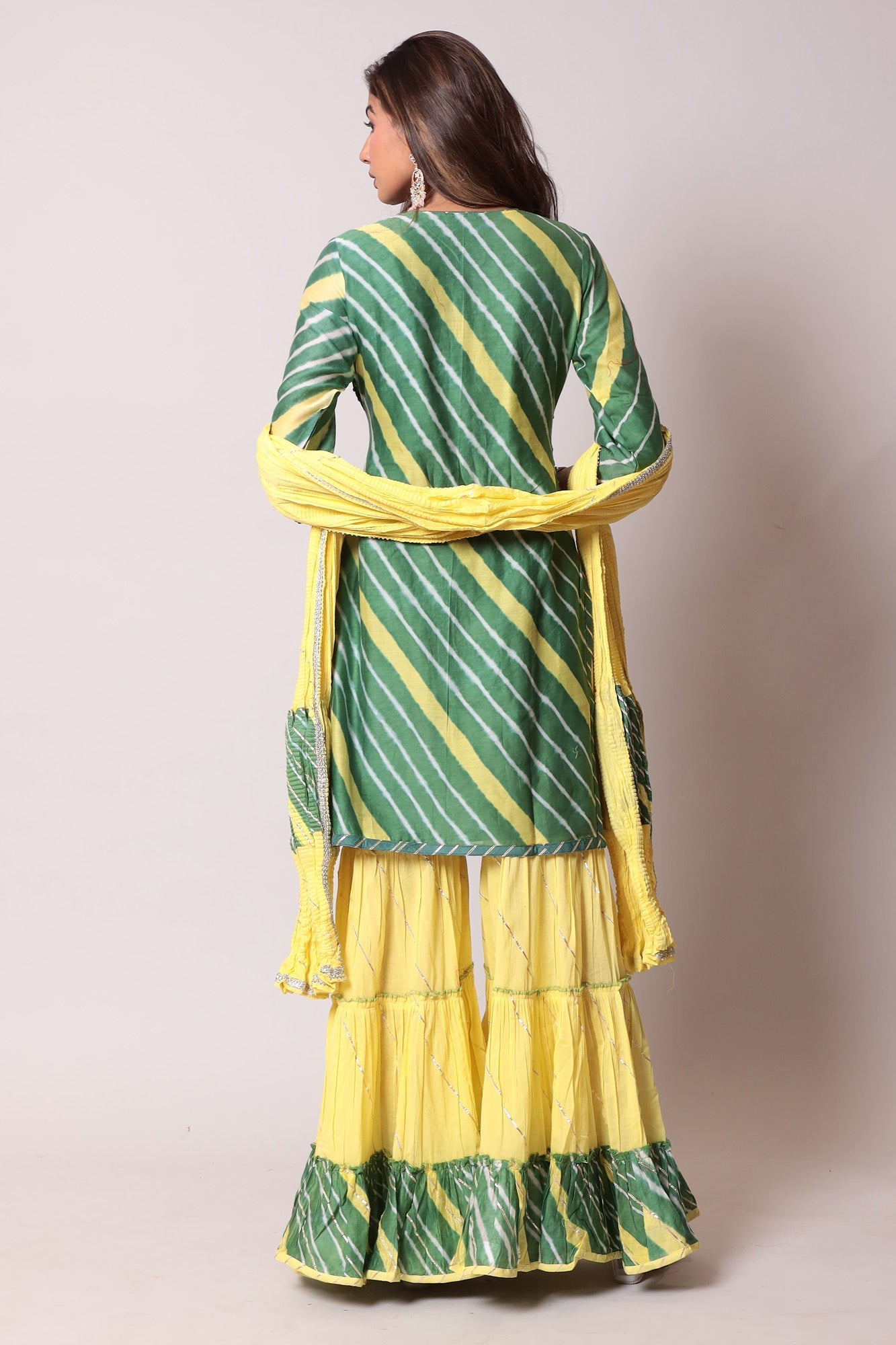 Leheriya Cotton Silk Sharara Suit with Gota Patti Work.