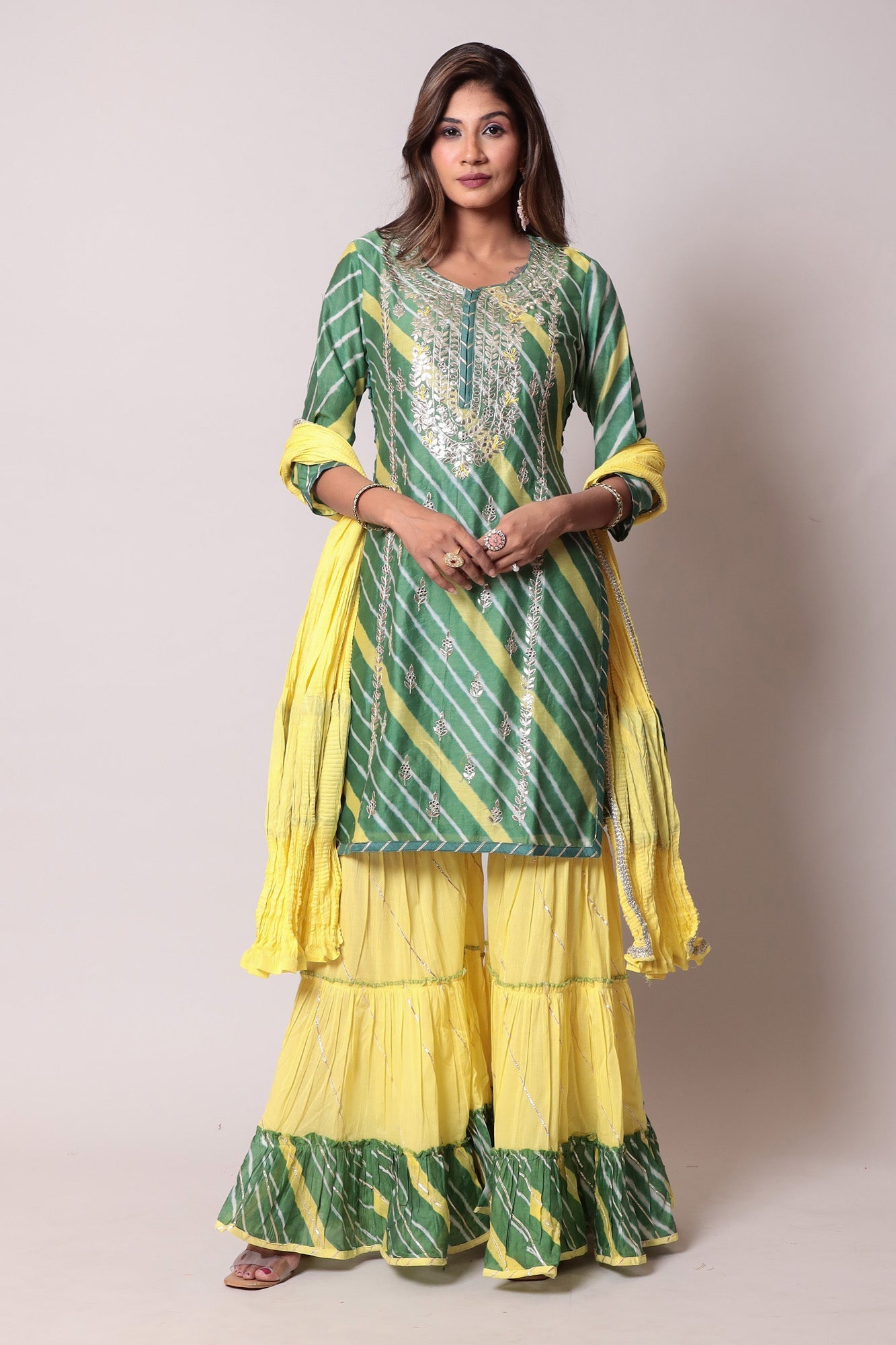 Leheriya Cotton Silk Sharara Suit with Gota Patti Work.