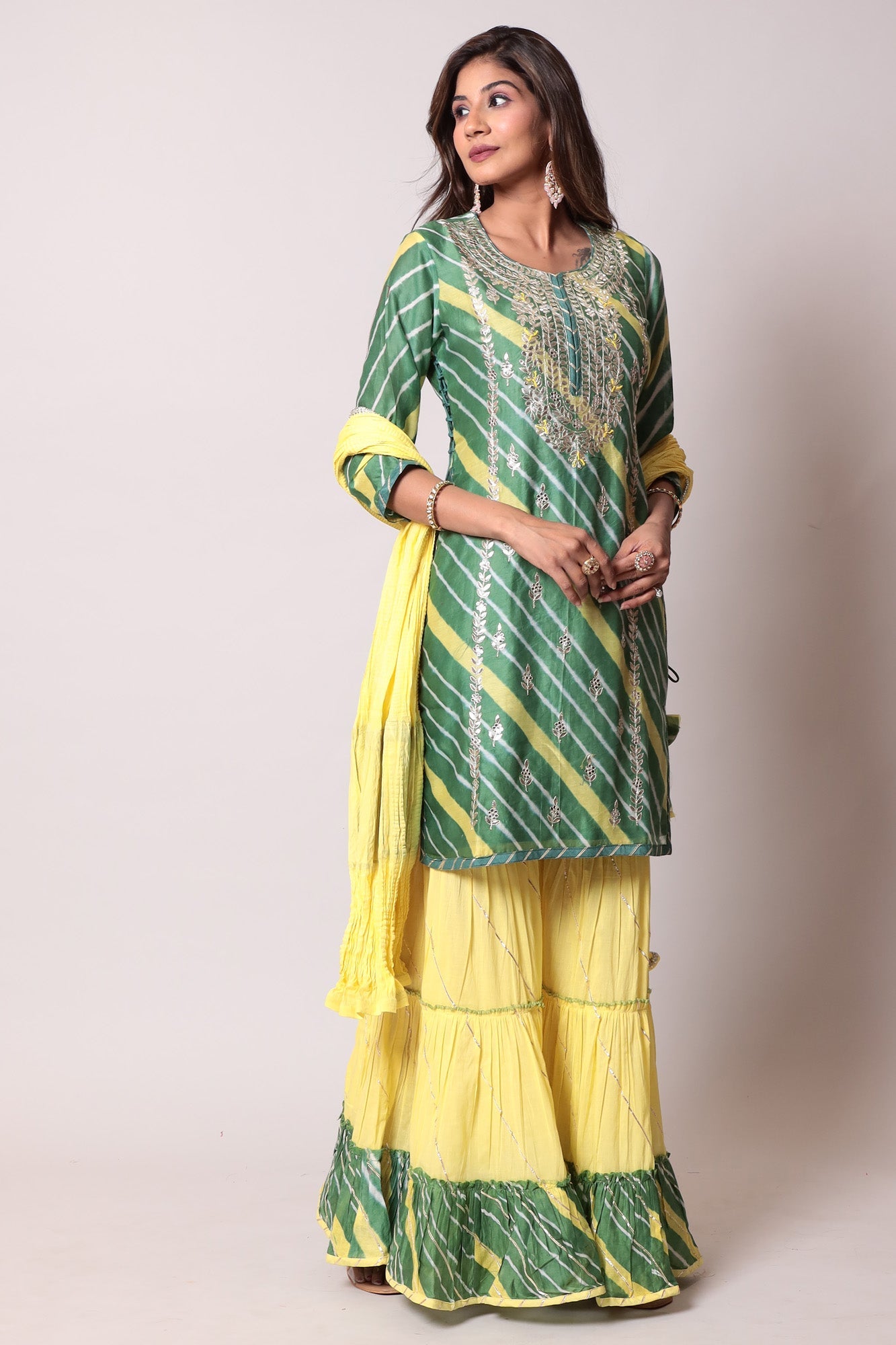 Leheriya Cotton Silk Sharara Suit with Gota Patti Work.