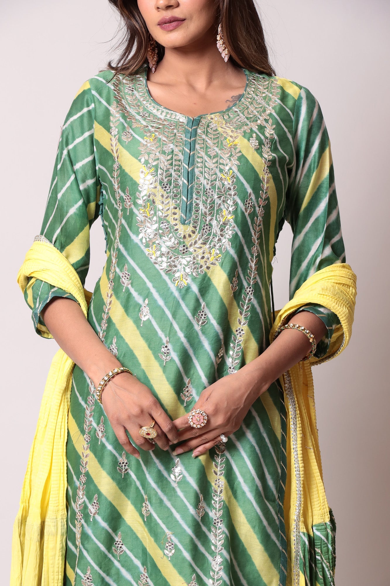 Leheriya Cotton Silk Sharara Suit with Gota Patti Work.