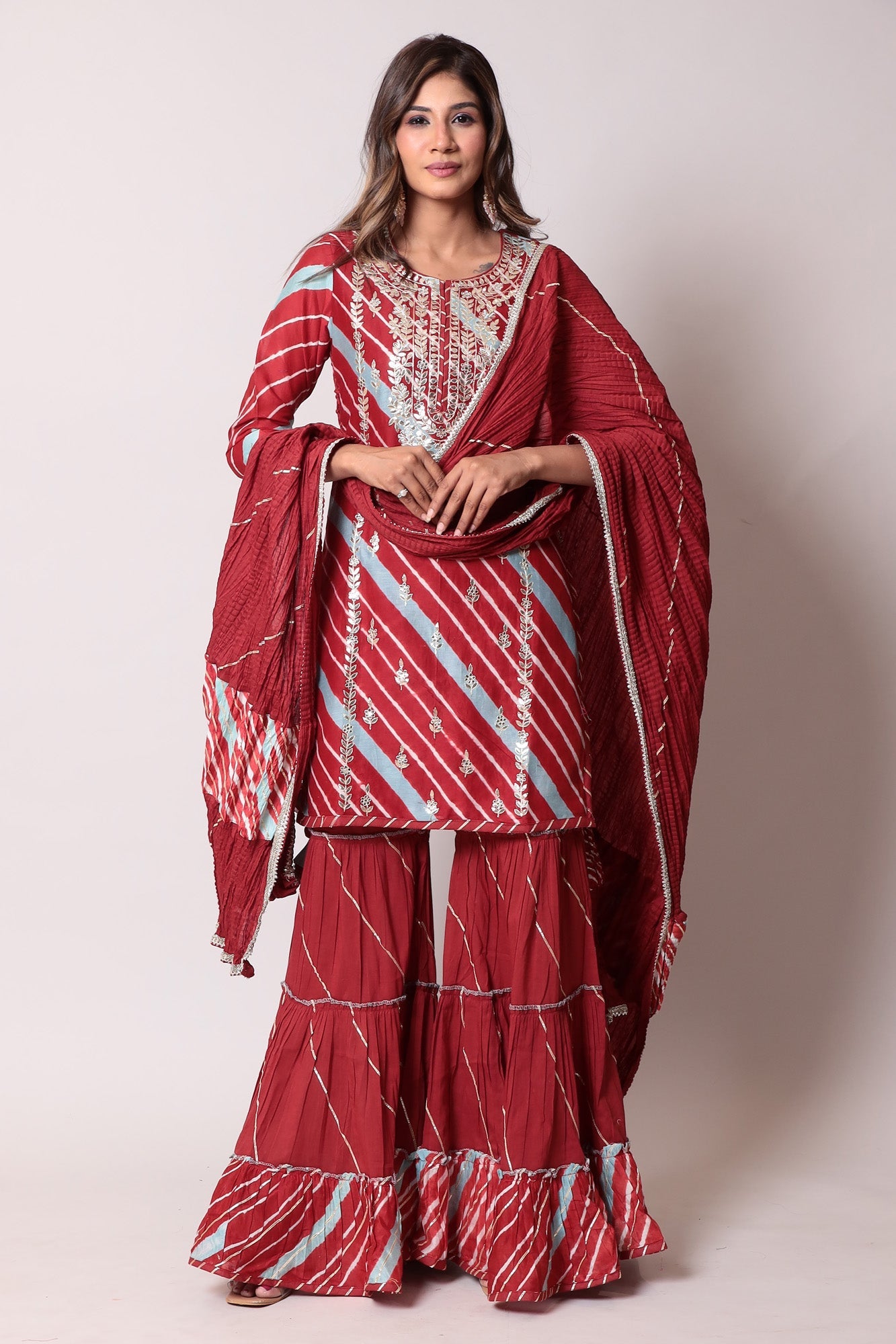 Leheriya Cotton Silk Sharara Suit with Gota Patti Work.