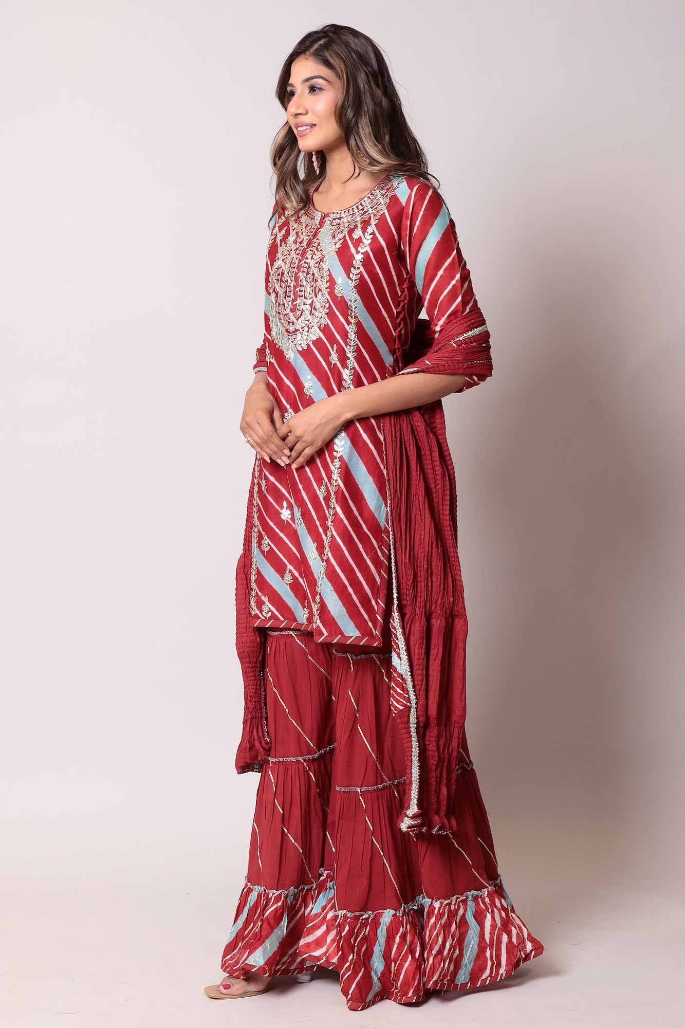 Leheriya Cotton Silk Sharara Suit with Gota Patti Work.