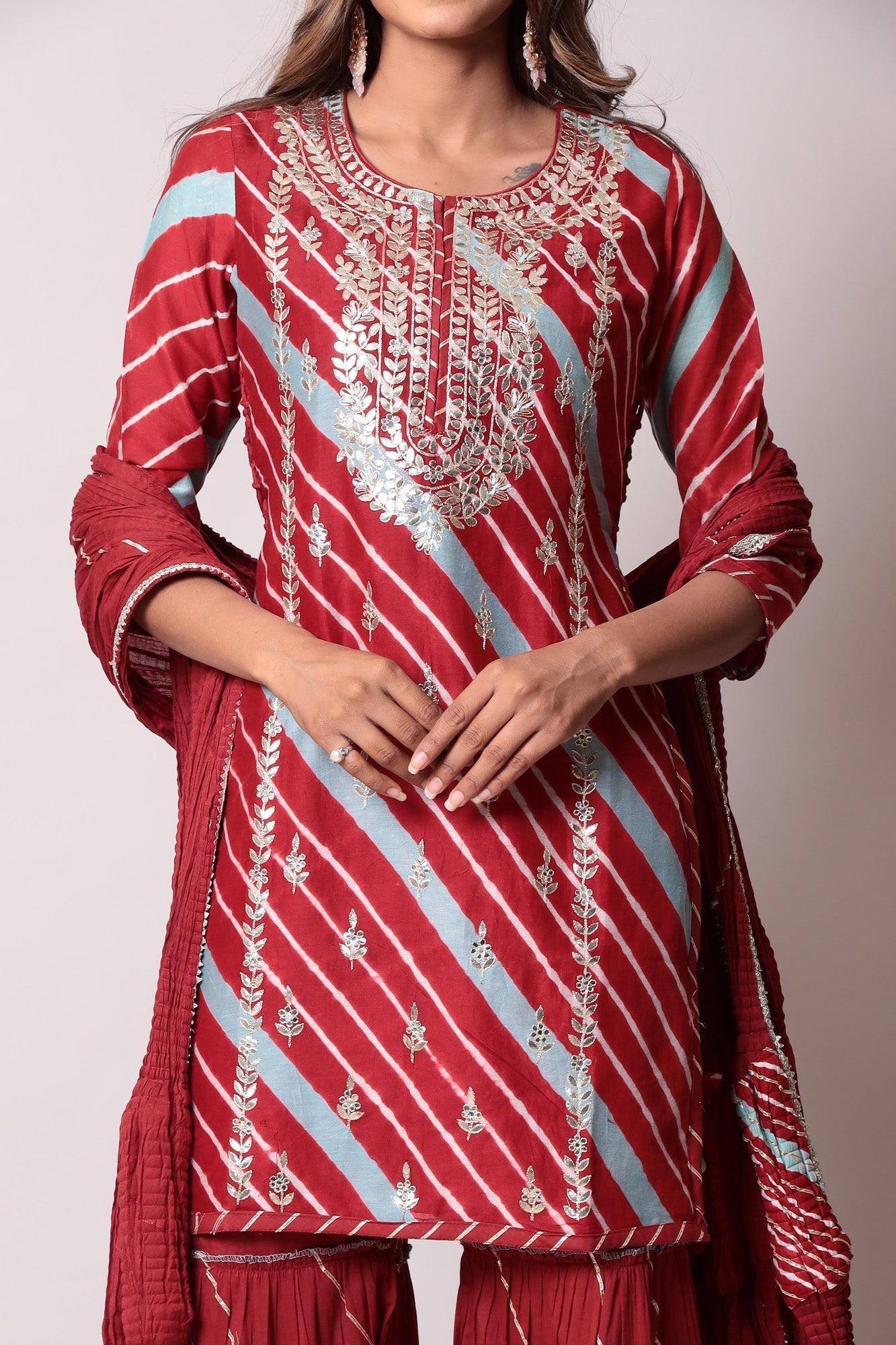 Leheriya Cotton Silk Sharara Suit with Gota Patti Work.