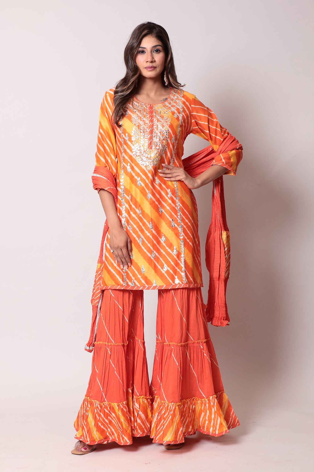 Leheriya Cotton Silk Sharara Suit with Gota Patti Work.