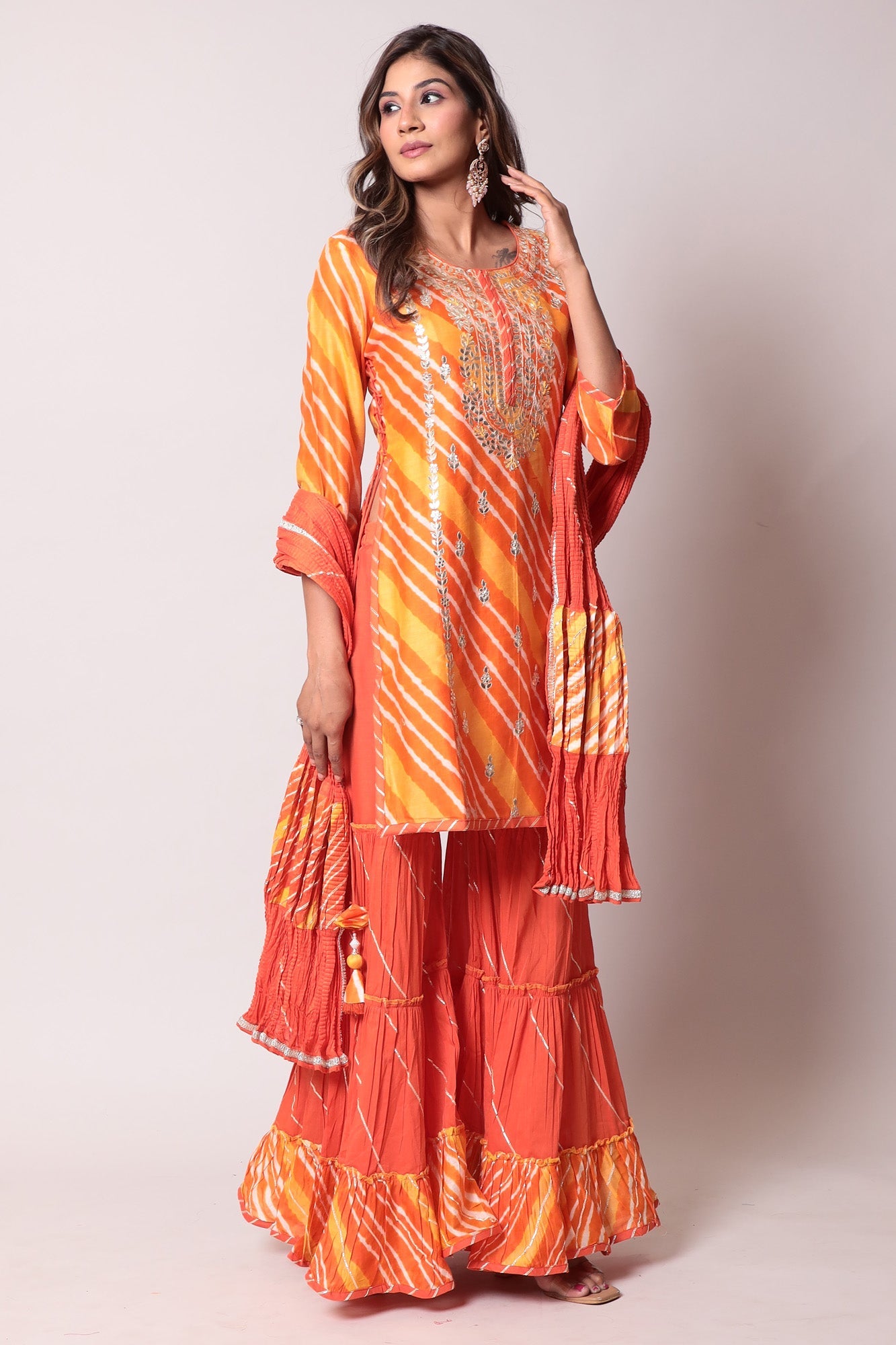 Leheriya Cotton Silk Sharara Suit with Gota Patti Work.